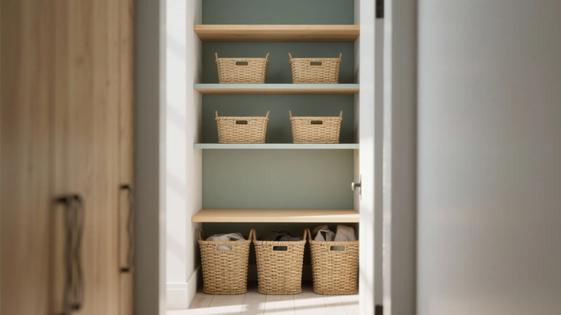 Small storage closet with wooden floating shelves green wall and seven woven laundry storage baskets
