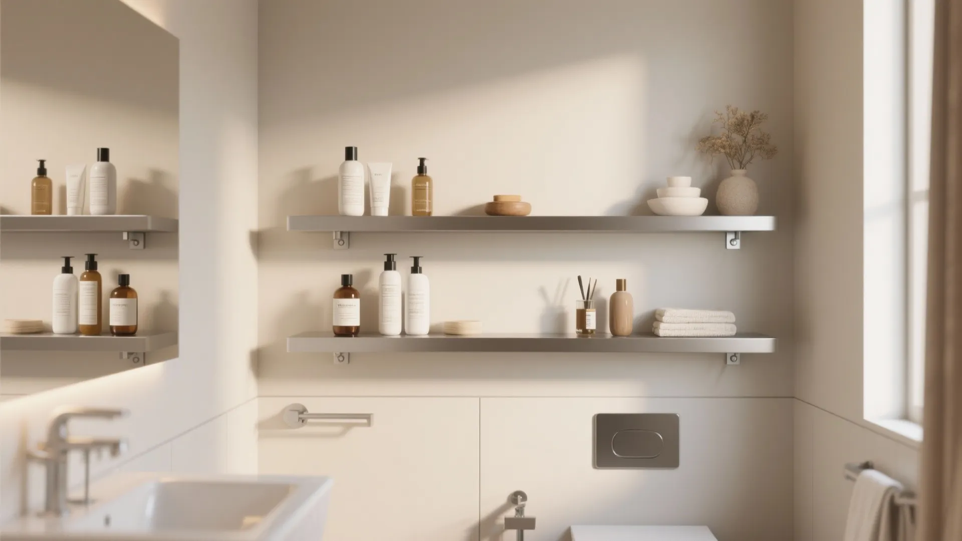 Two metal bathroom wall shelves holding soap bottles towels and small plants in modern bathroom
