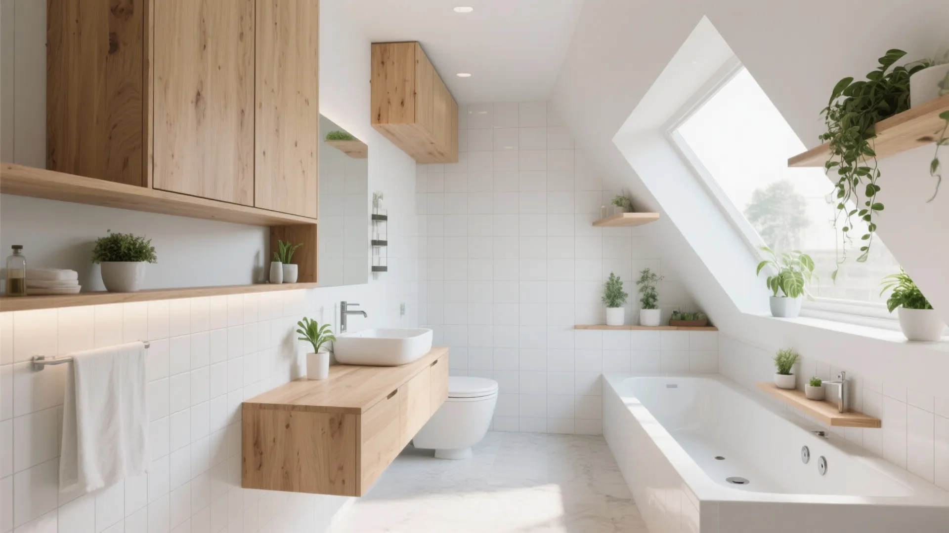 Floating wooden shelves and cabinets in a modern bathroom