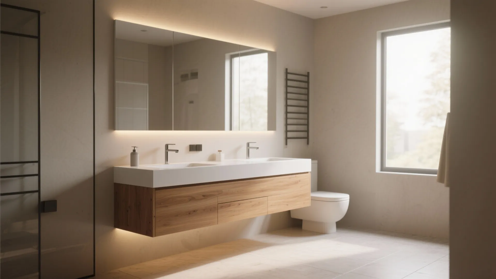 Modern bathroom with floating wood cabinet double sink large light mirror and white toilet seat