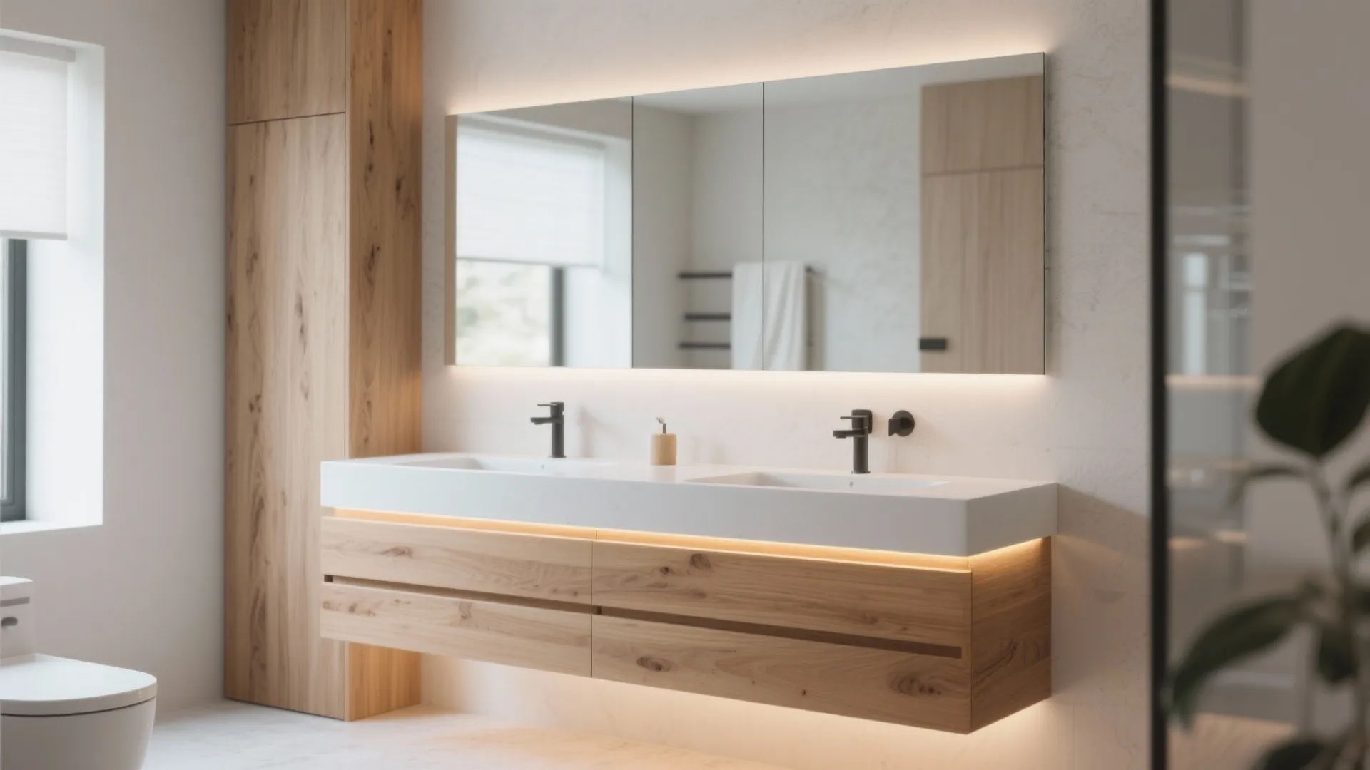 Modern wood floating bathroom cabinet with double white sinks and large LED light wall mirror