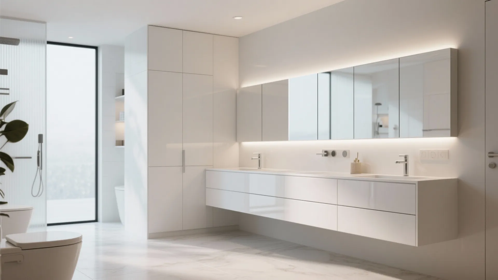 Modern white bathroom with long floating cabinet vanity large mirrors with lighting and marble floor