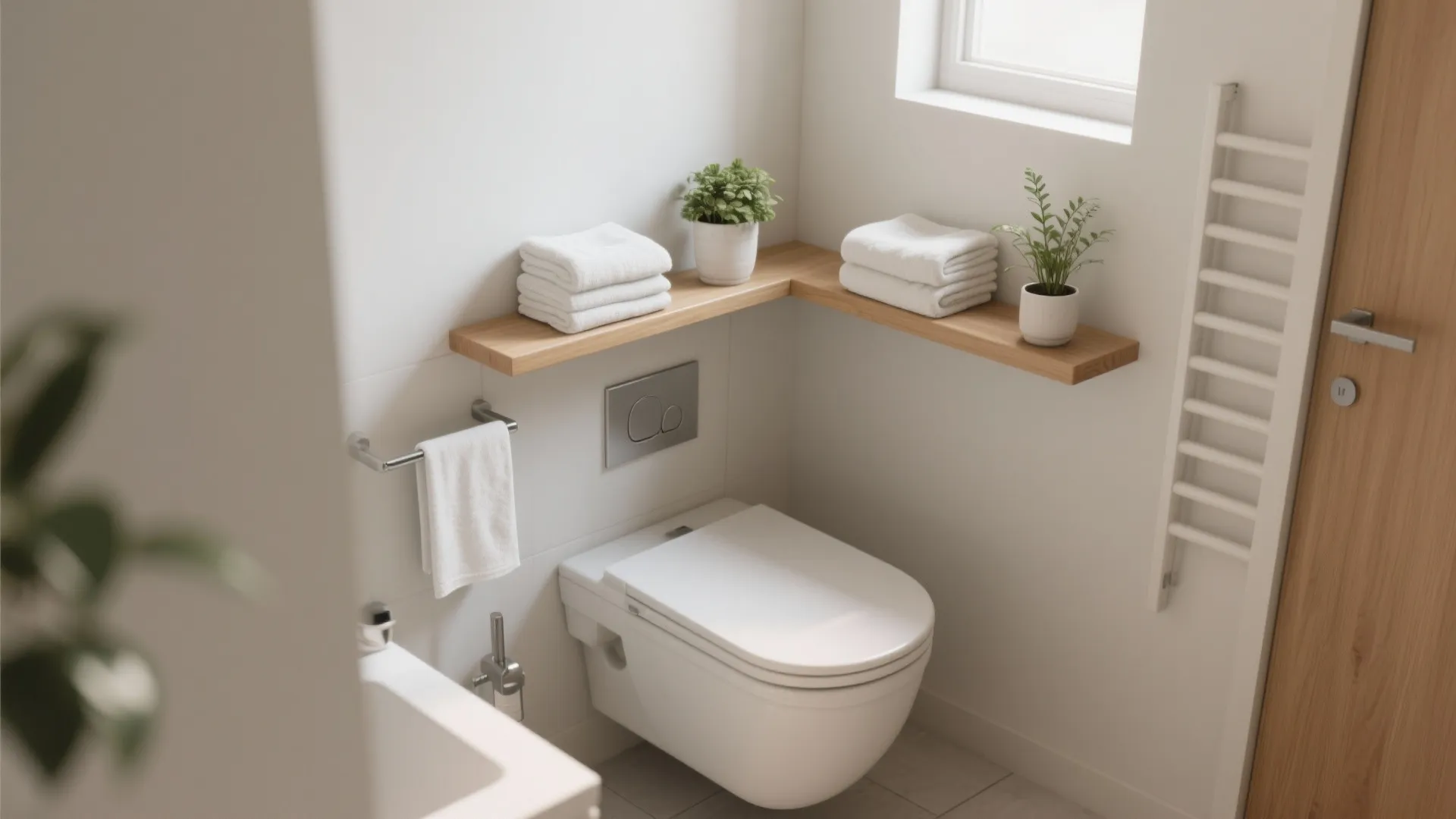 Modern white bathroom featuring wooden corner shelves with folded towels small plants and wall hung toilet
