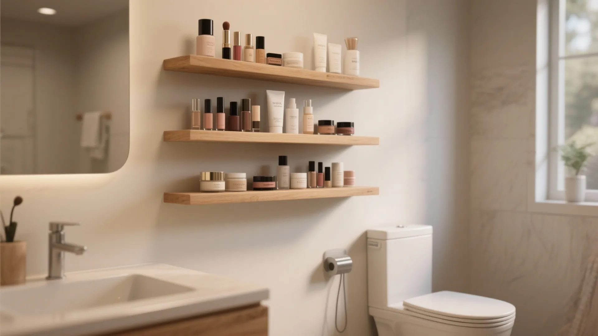Modern bathroom with three wooden floating wall shelves holding various skincare and makeup beauty products