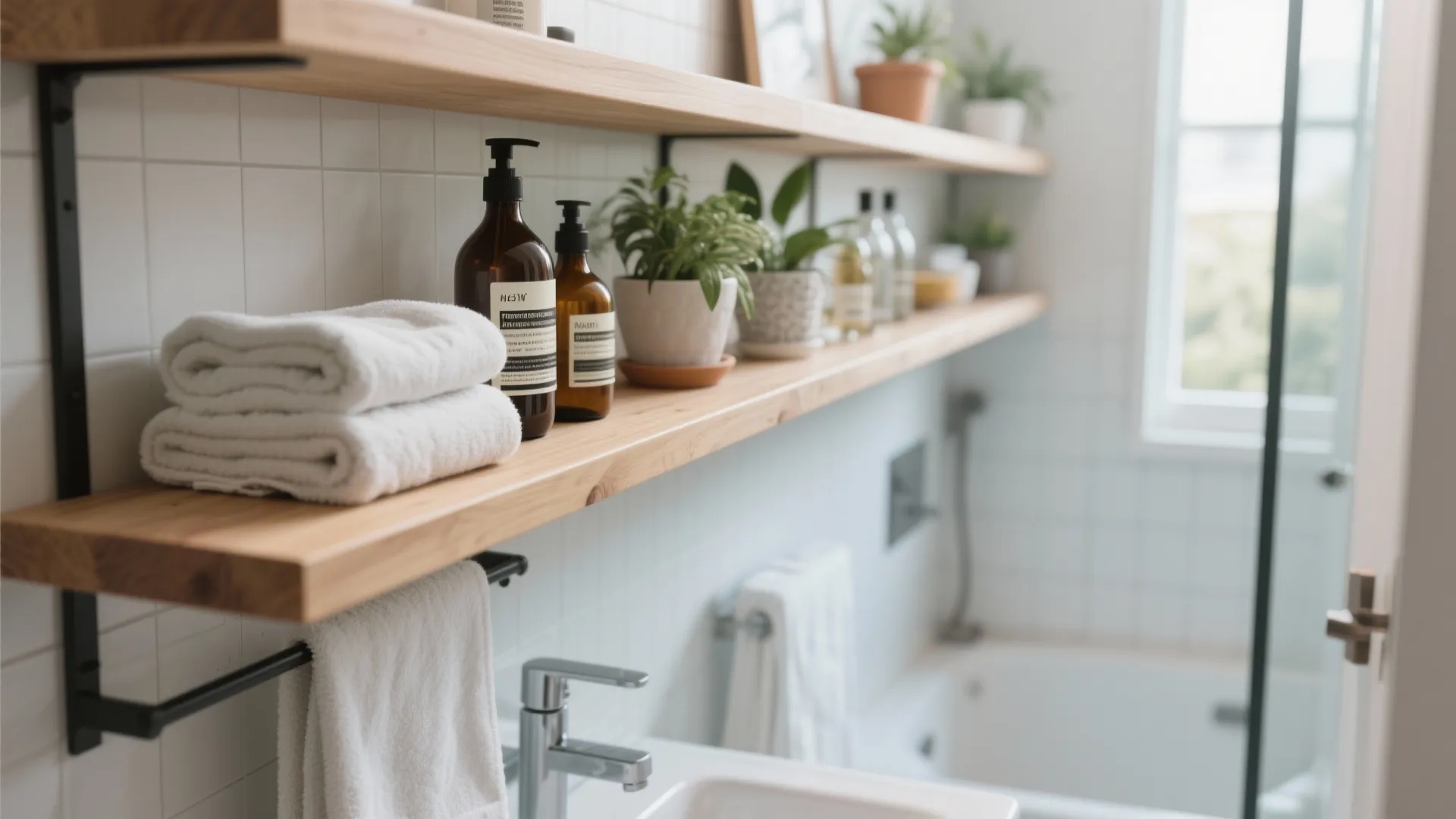 Wooden floating shelves on white tile wall holding towels soap bottles and small green plants