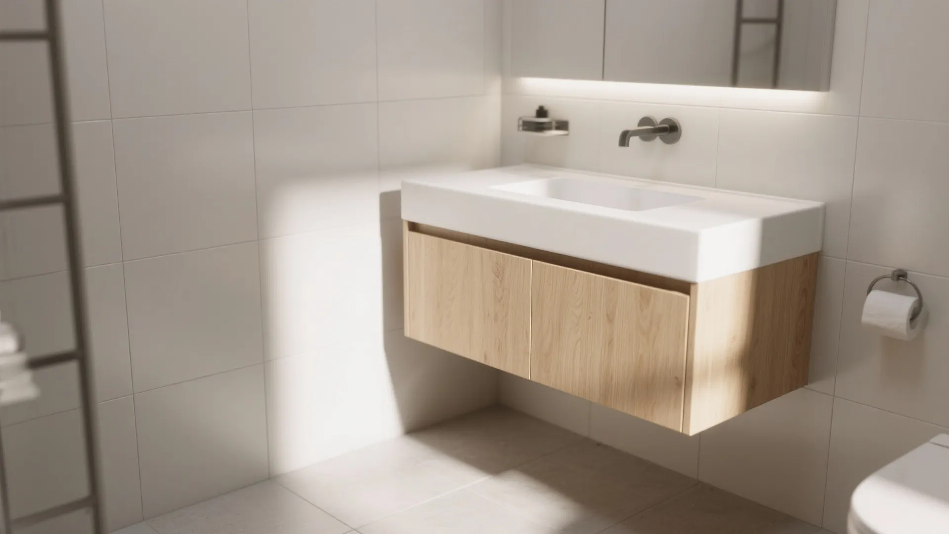 Modern floating wood bathroom cabinet with white sink and wall mounted tap under soft light