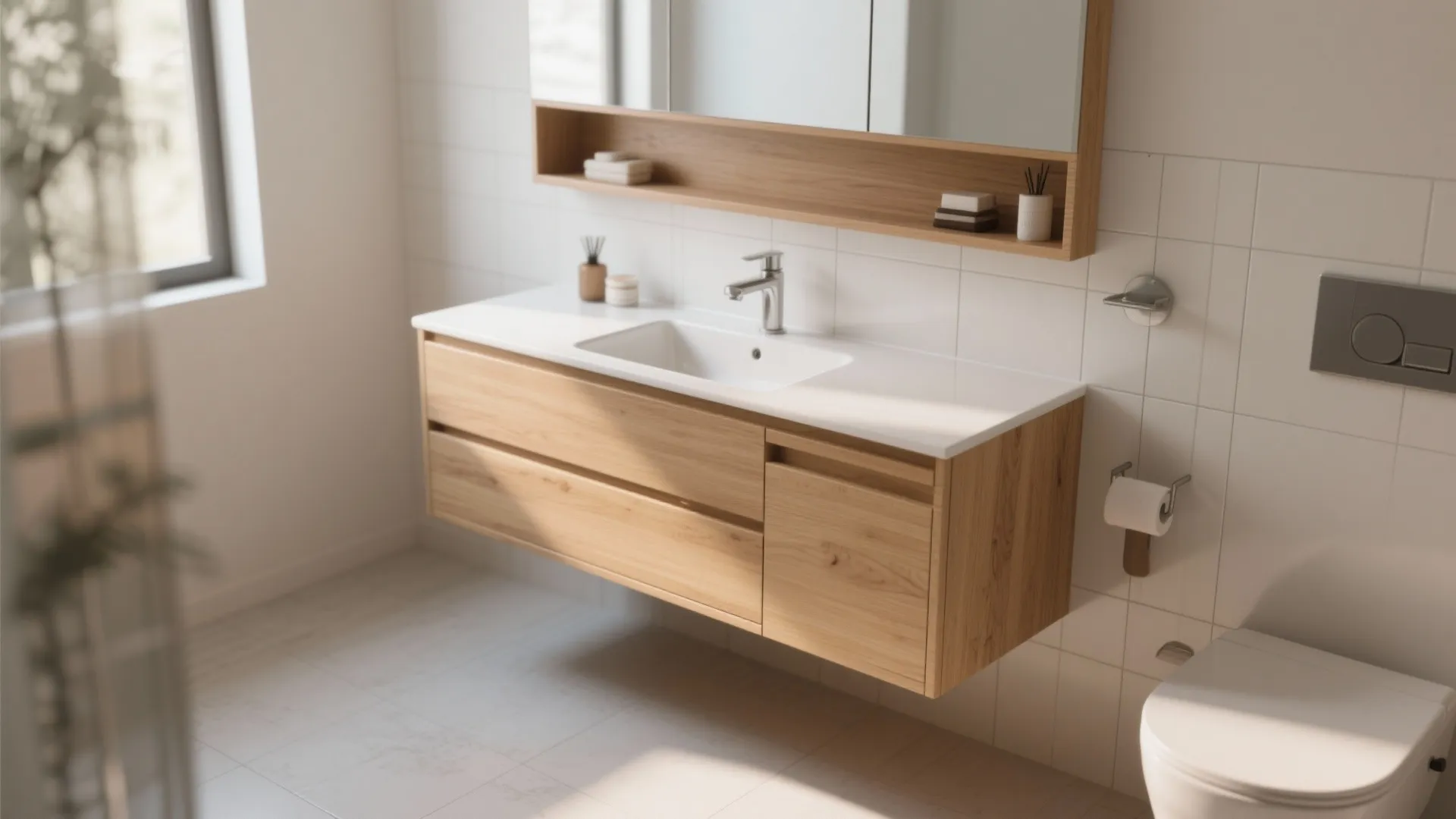 Modern bathroom with light wood wall cabinet and white sink under a large mirror window