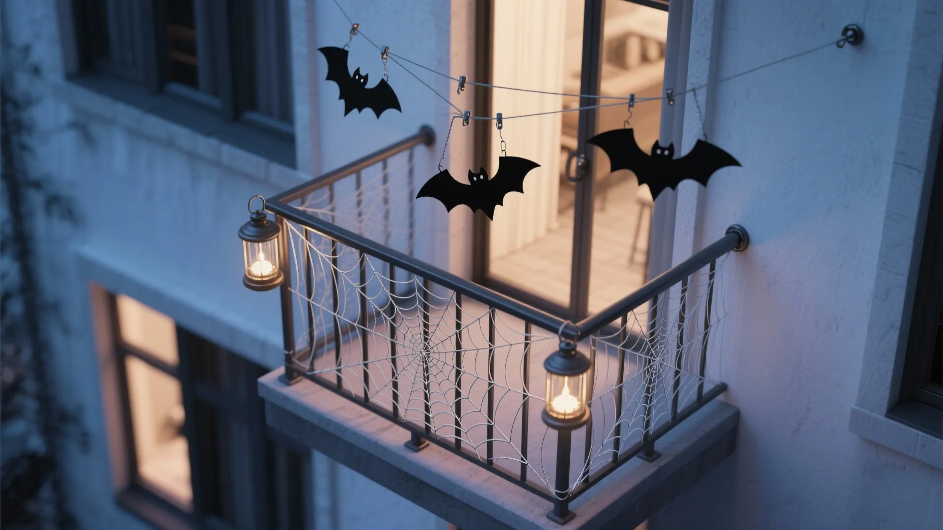 Top-down view showing floating bats on fishing line, neat spider webbing, and safe lantern placement on an apartment balcony rail.