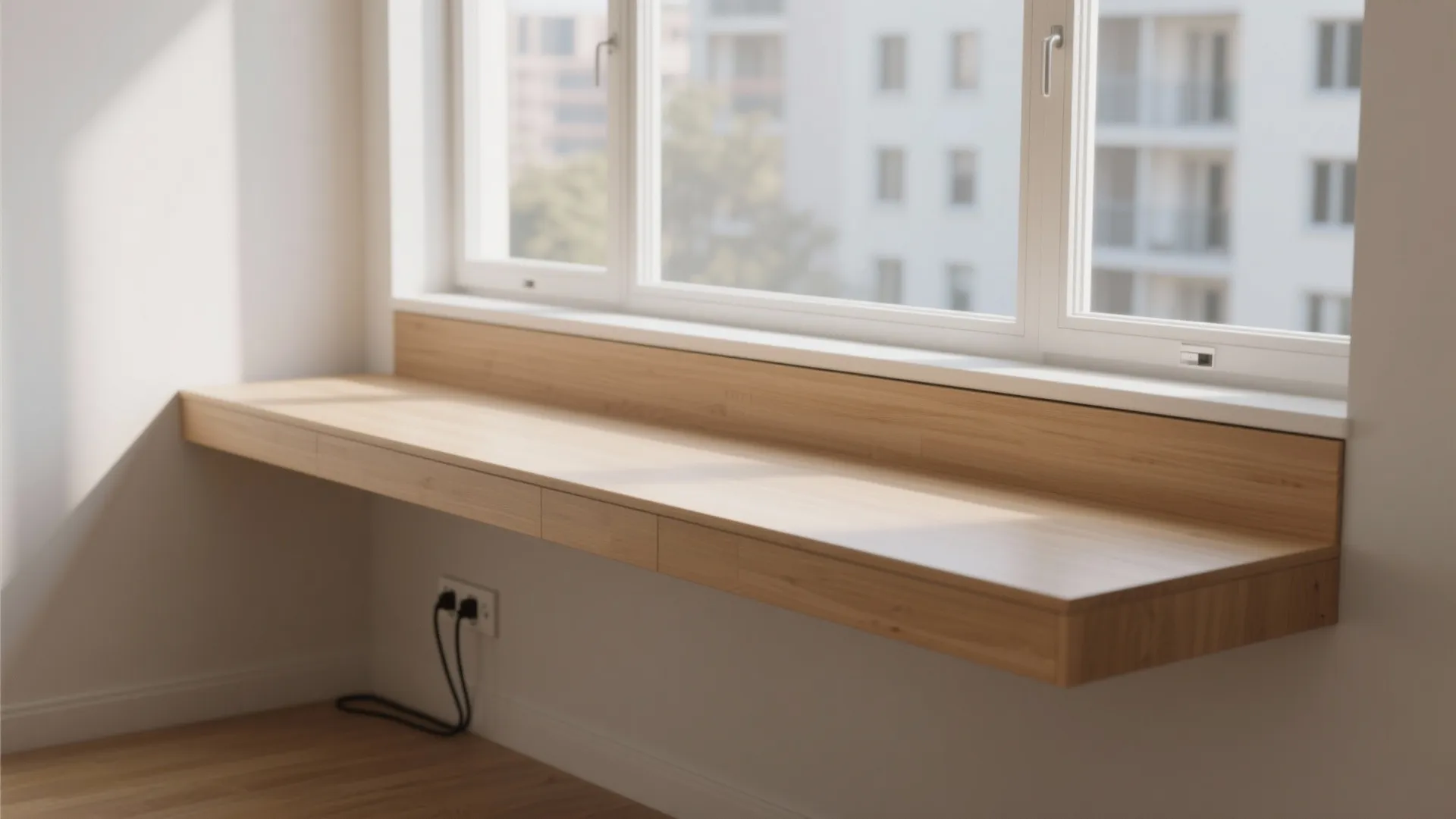 Slim floating desk panel installed across a bright bay window
