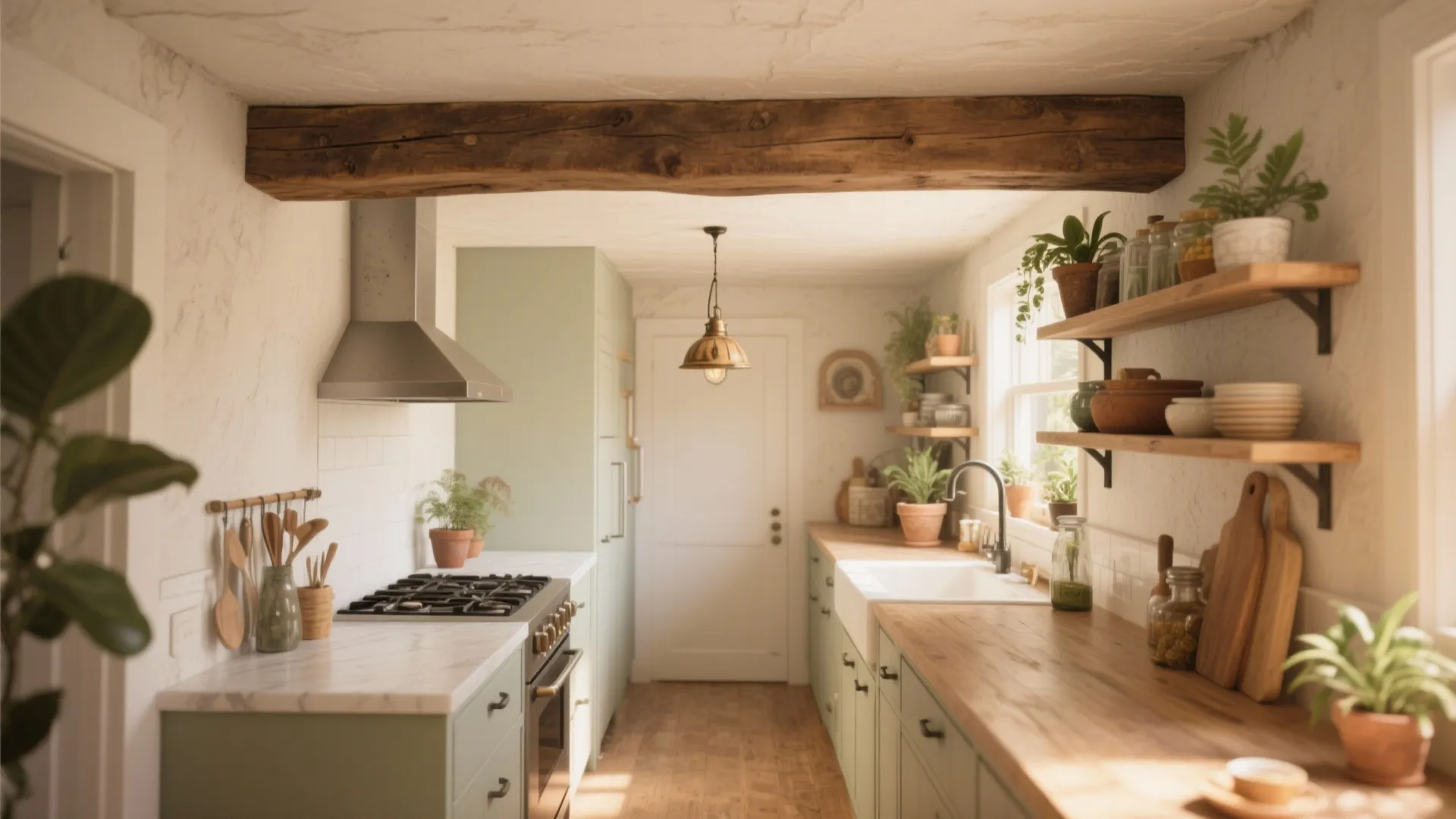 Rustic kitchen interior with green cabinets wooden countertops large ceiling wood beam and small plants