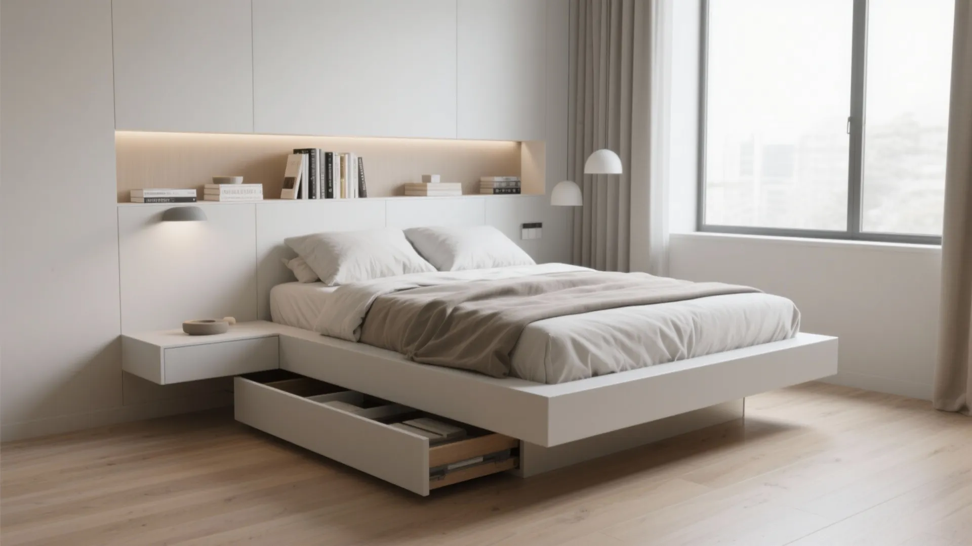 2. Floating Bedframe and Concealed Storage