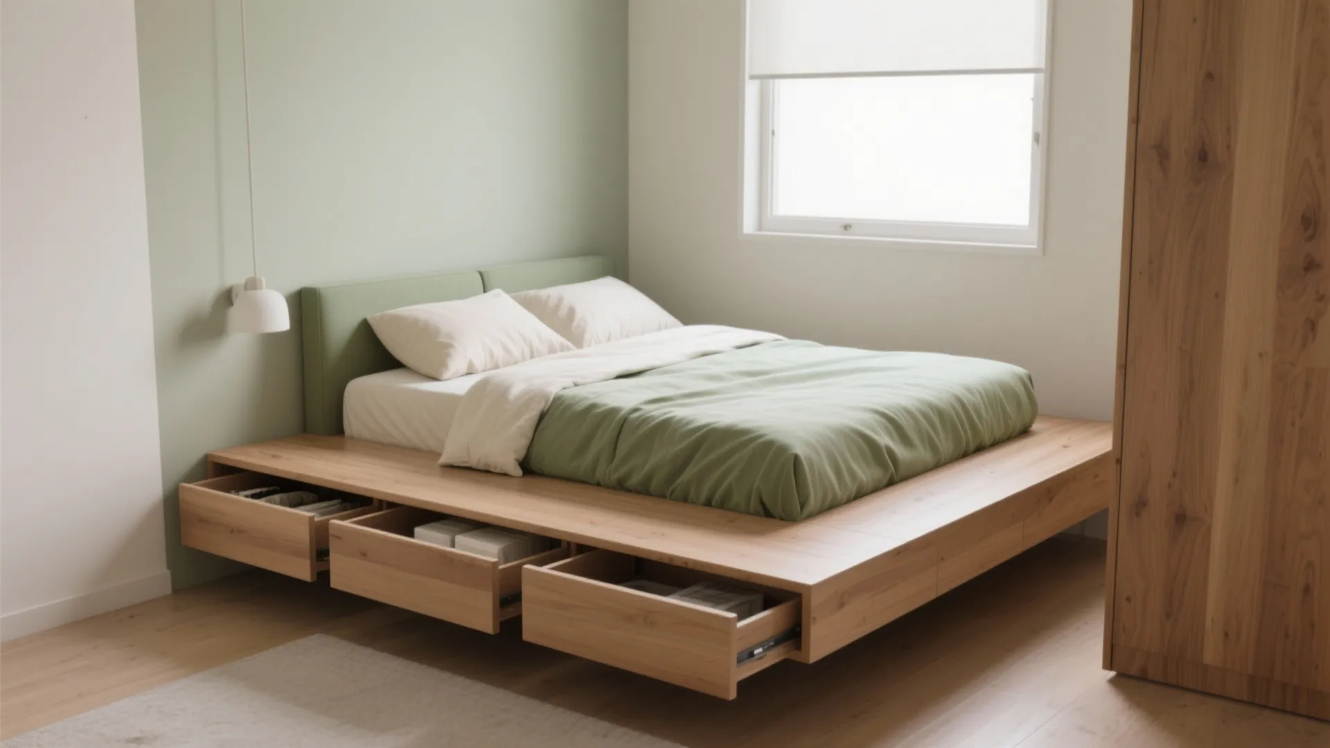 1. Floating bed with hidden drawers