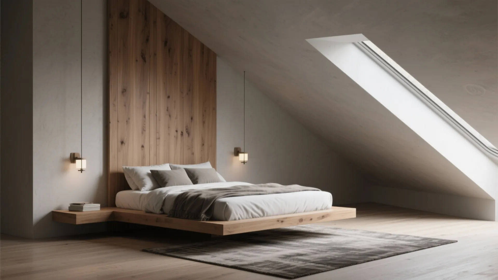 Minimalist attic bedroom with floating wooden bed wall panel and a large bright roof window
