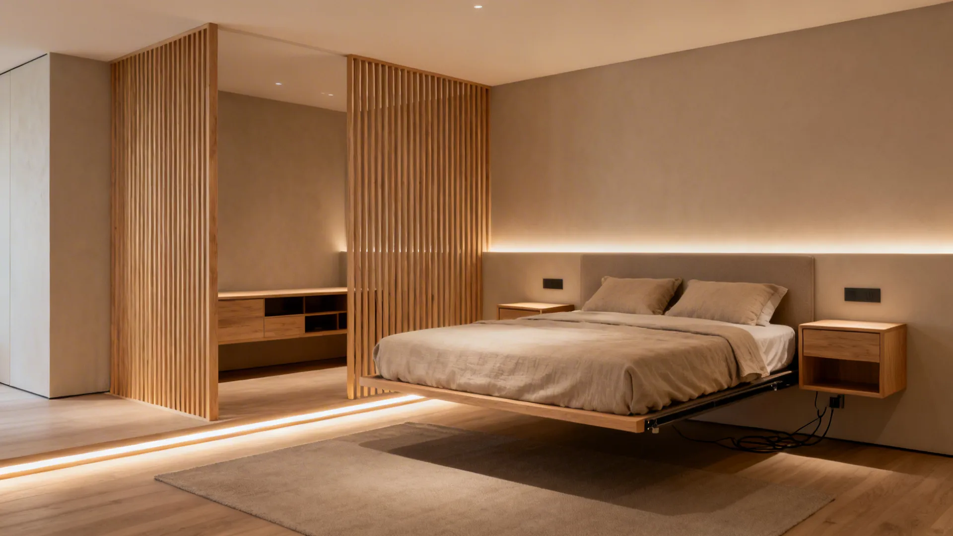 Modern bedroom featuring a floating bed design wooden slat partition and warm integrated wall lighting