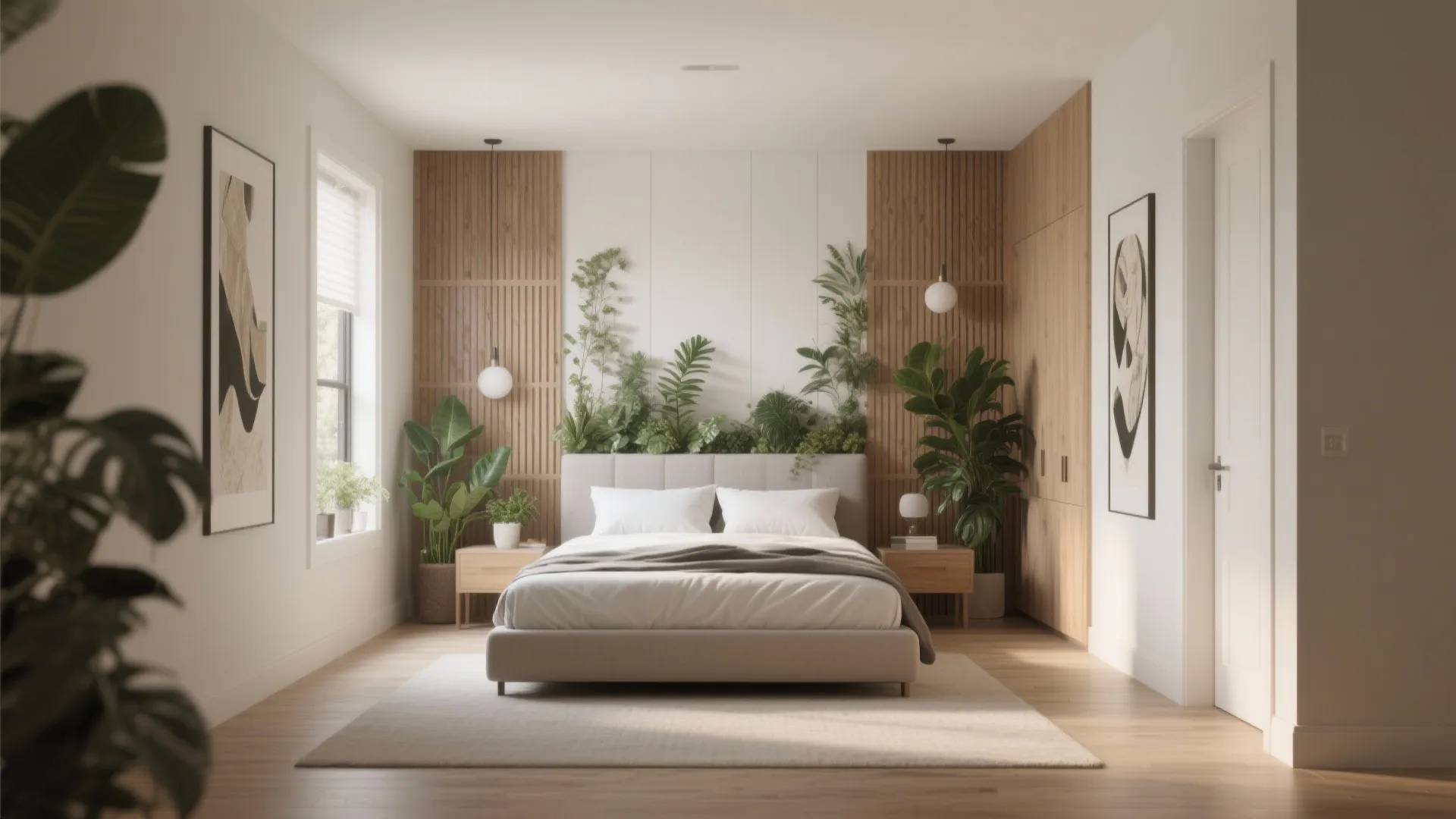 A centrally placed bed with decor behind the headboard in a bright bedroom