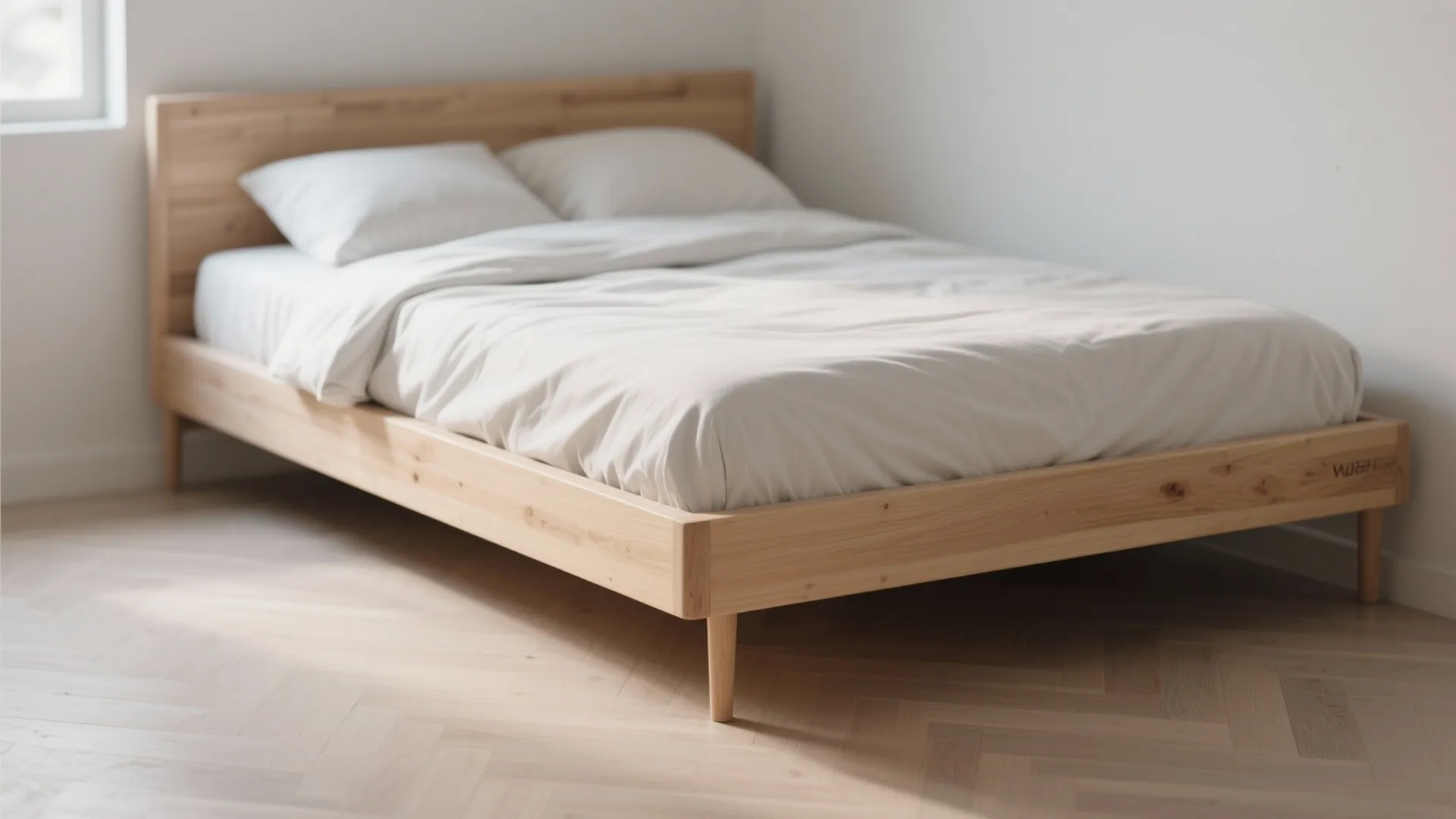 Minimalist wooden bed frame with white bedding placed on a light wood floor near window