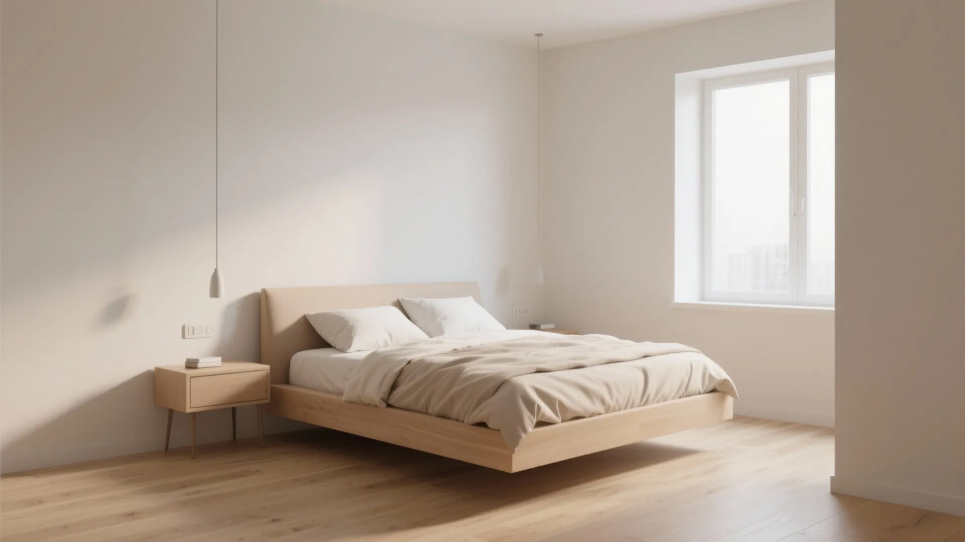 Minimalist wooden floating bed in a bright room with white walls and a large window