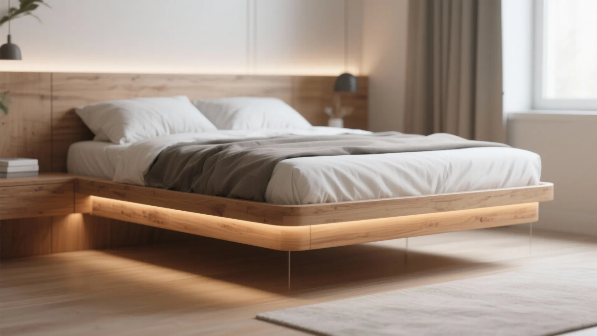 Modern wooden floating bed with warm bottom lighting minimalist white bedding and matching wood headboard