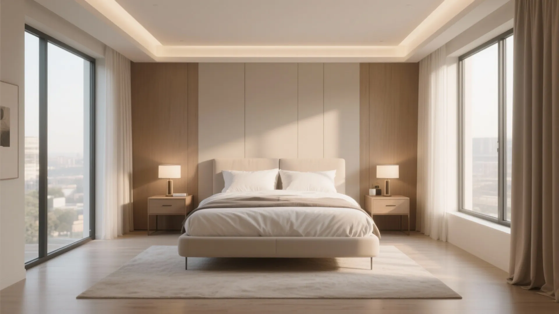 Bedroom with central floating bed and balanced side tables