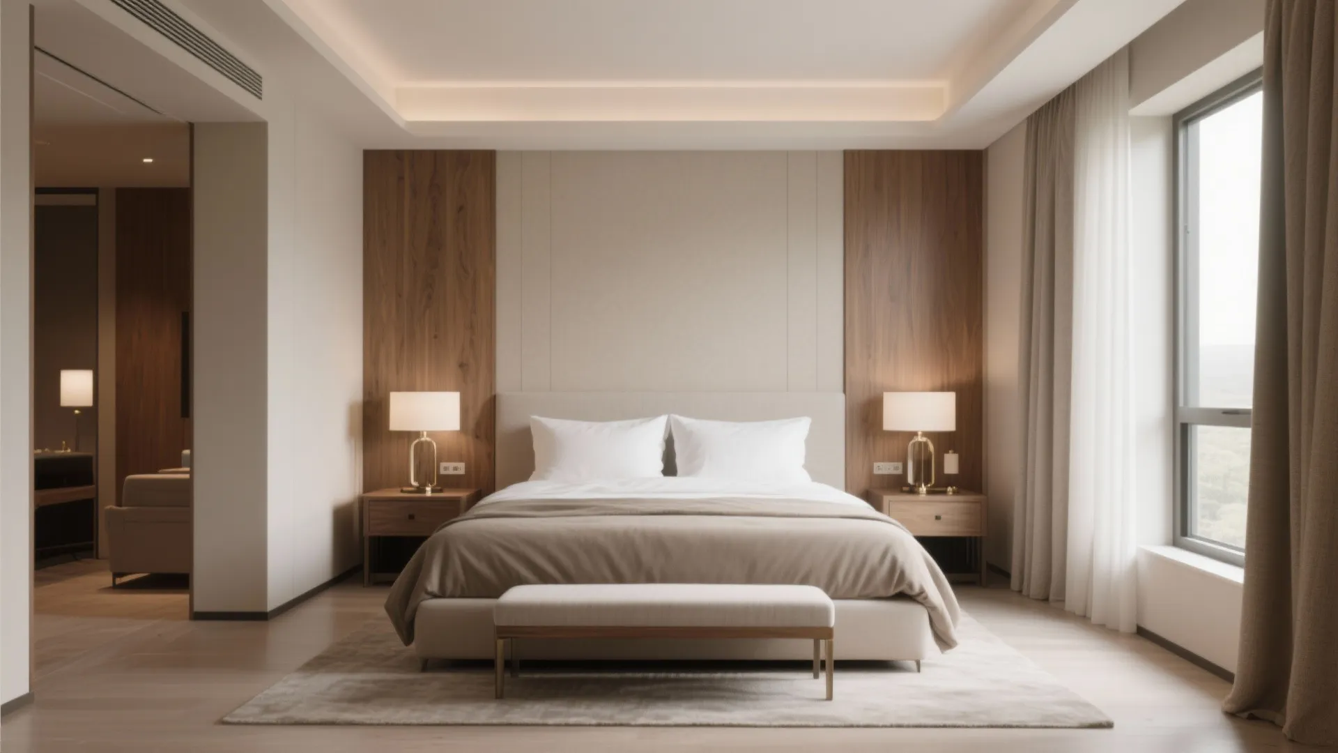 Modern bedroom with centrally placed king-size bed and warm neutral design