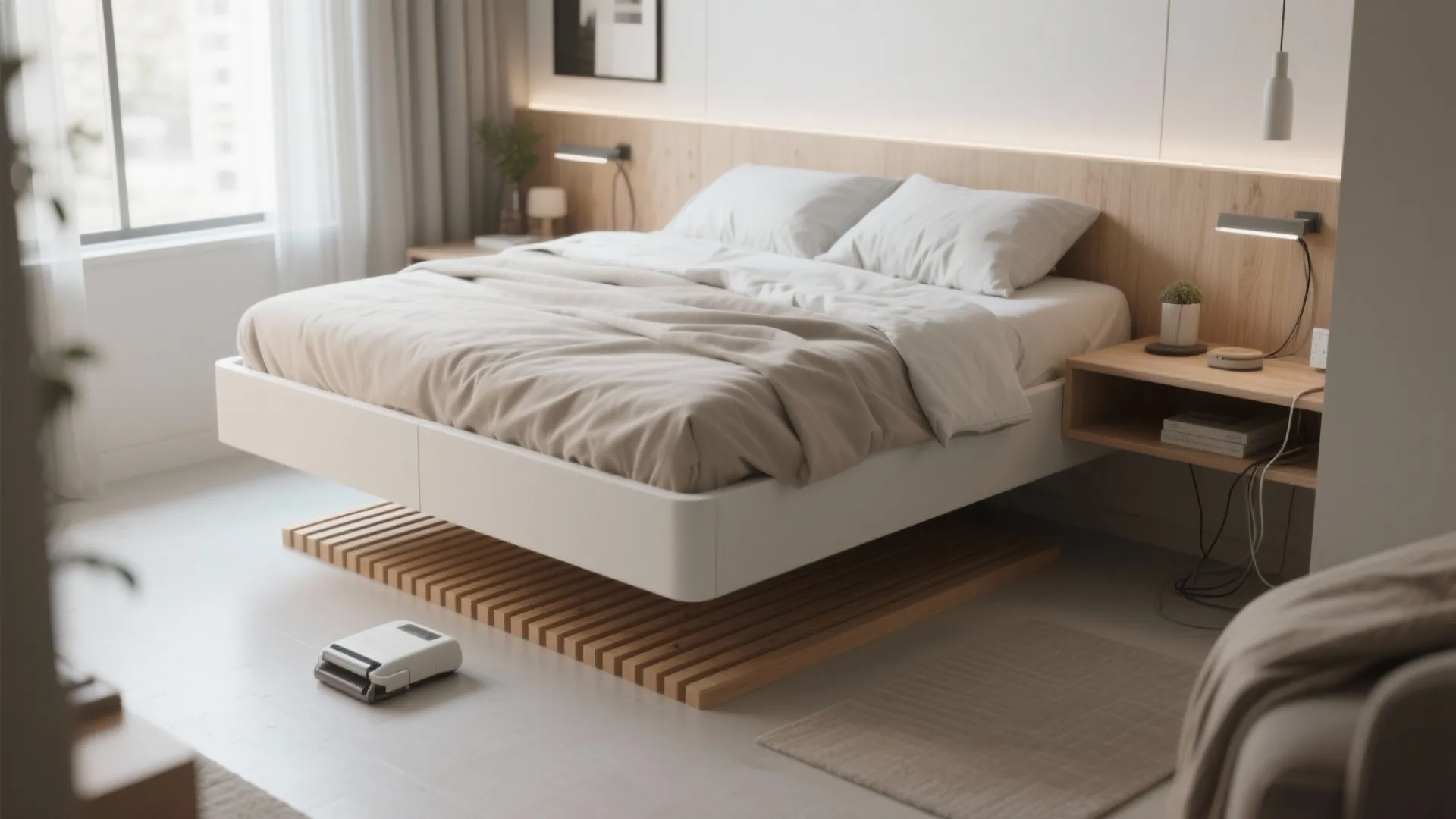 Modern white floating bed with wooden base and headboard in a bright minimalist style bedroom