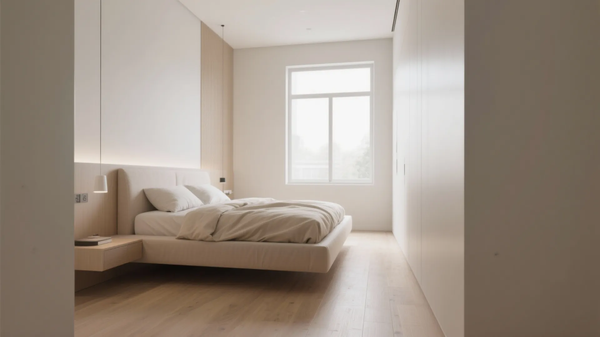 Modern minimalist bedroom with floating bed white linens large window and light wood flooring design