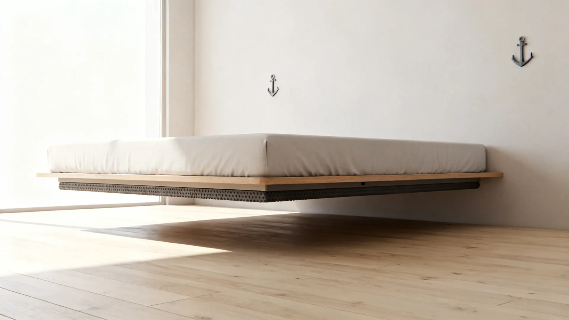 Minimalist small bedroom with a floating queen bed creating visible floor space and an airy feel.