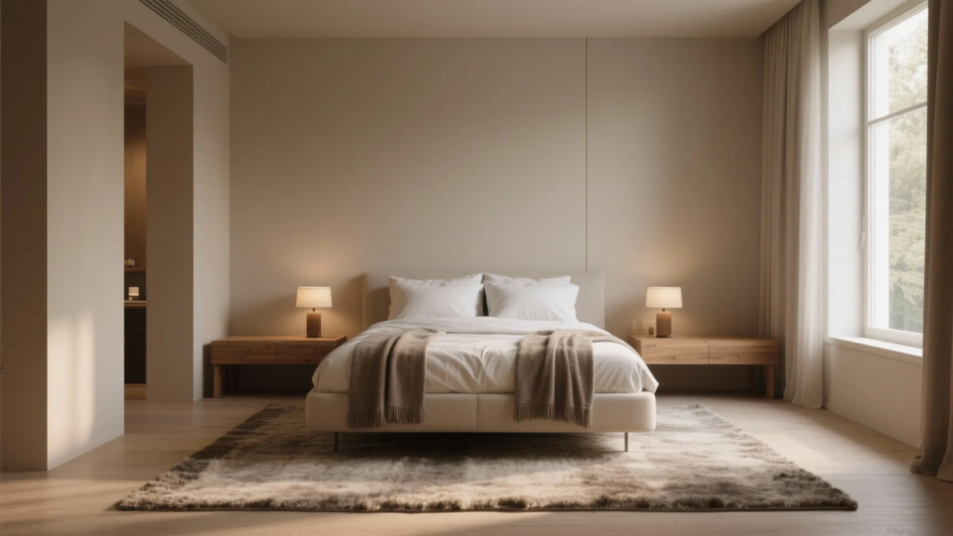 Minimalist bedroom showing a white bed with brown blankets, wooden side tables, and table lamps