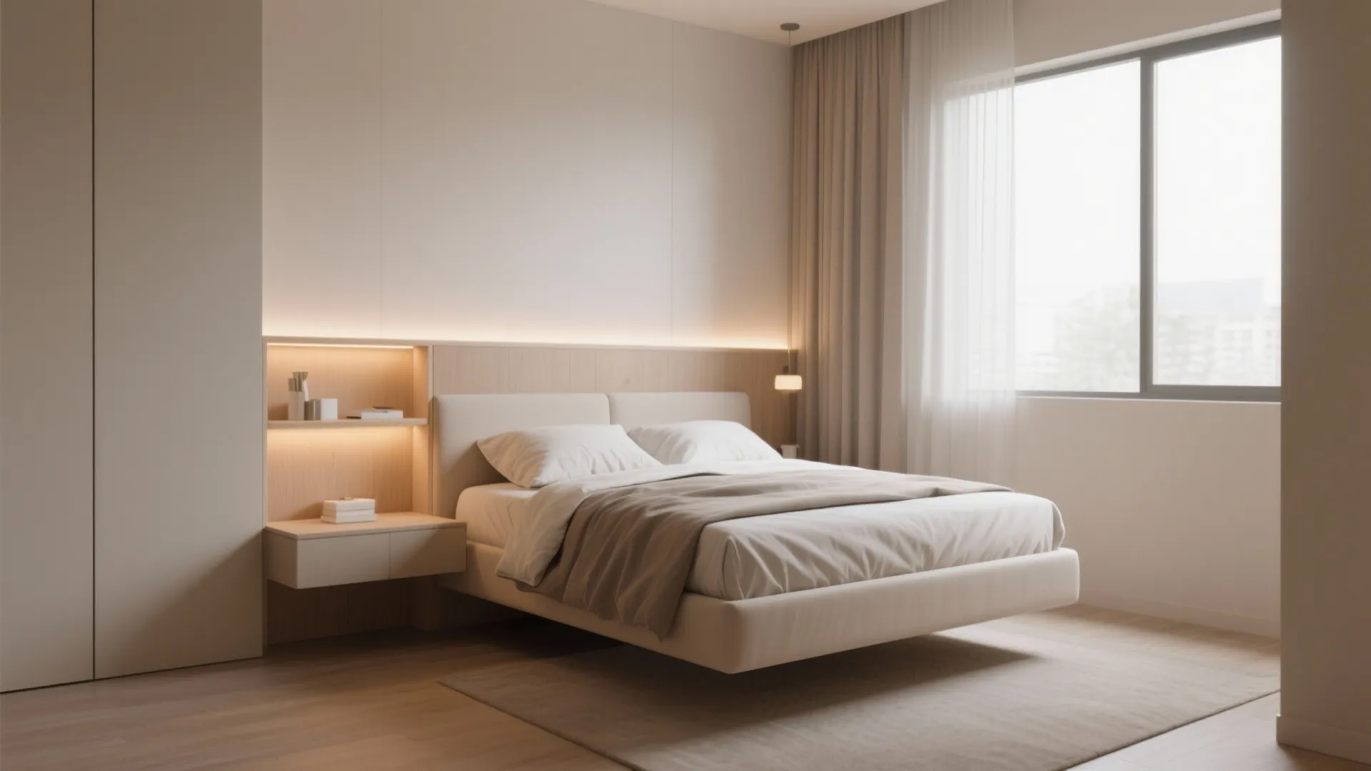 Minimalist beige floating bed with built in wood wall shelves and warm hidden light strip