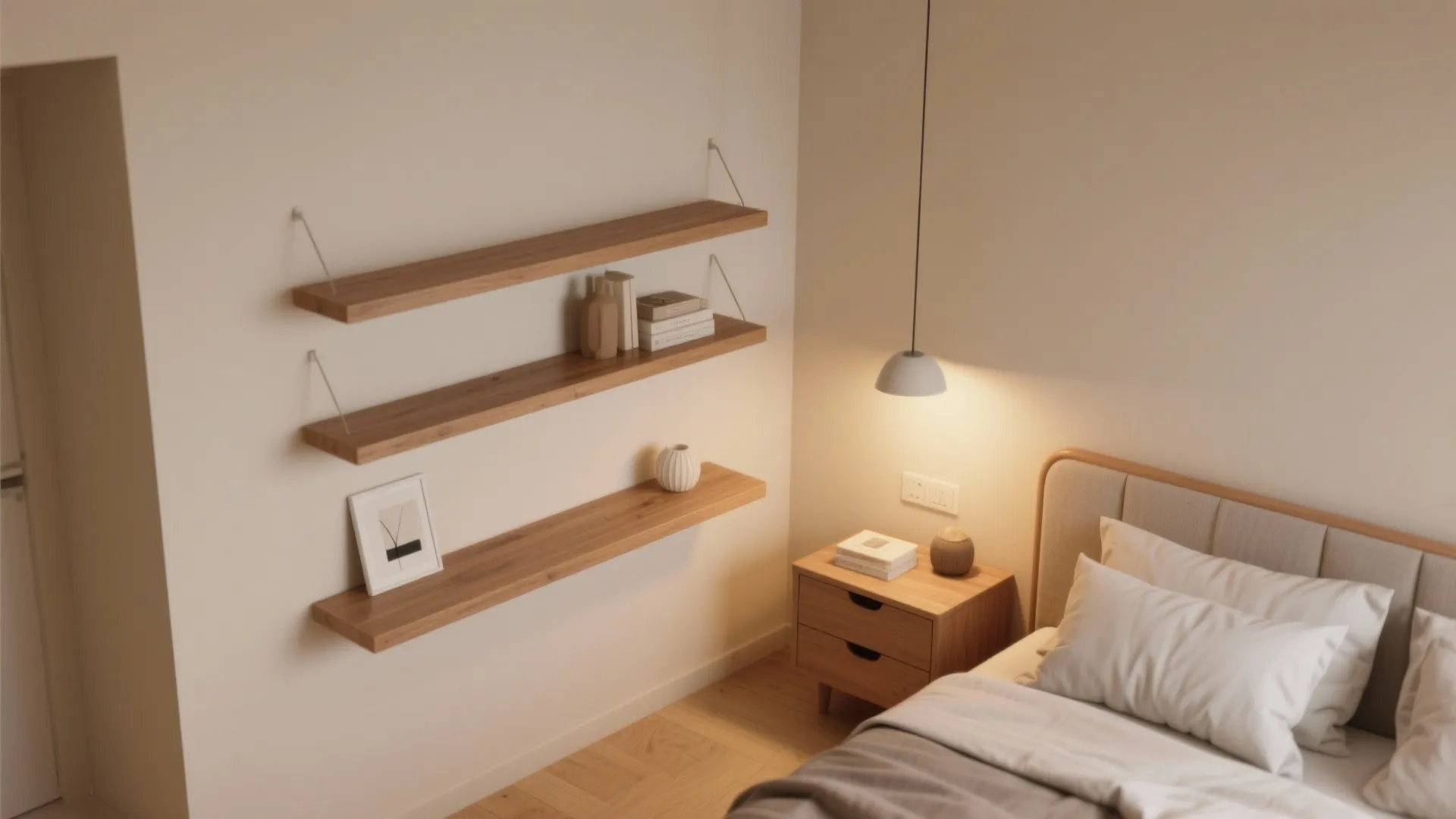 2. Wall-Mounted Shelves Instead of Nightstands