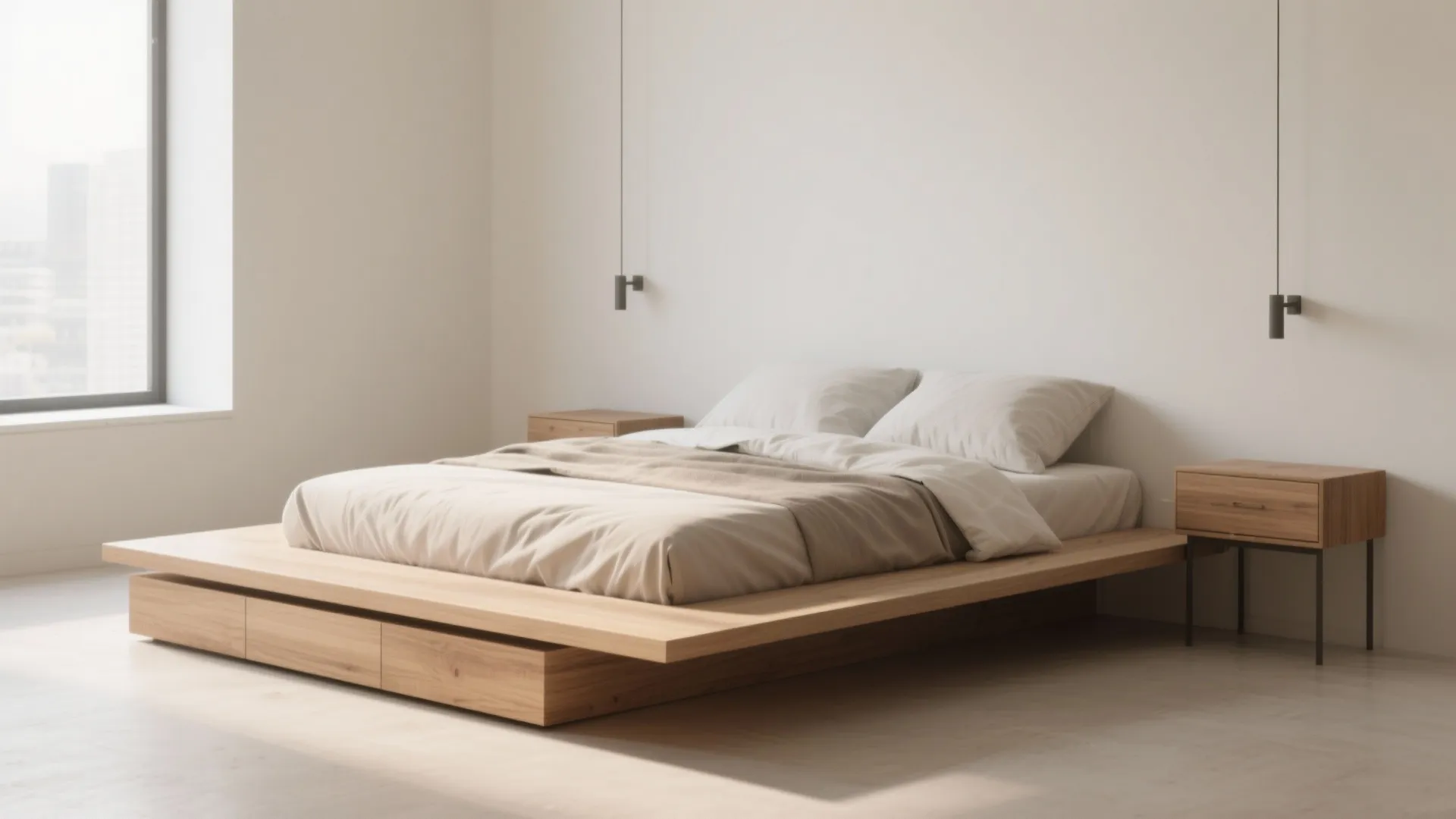 1. Floating bed + slim nightstands