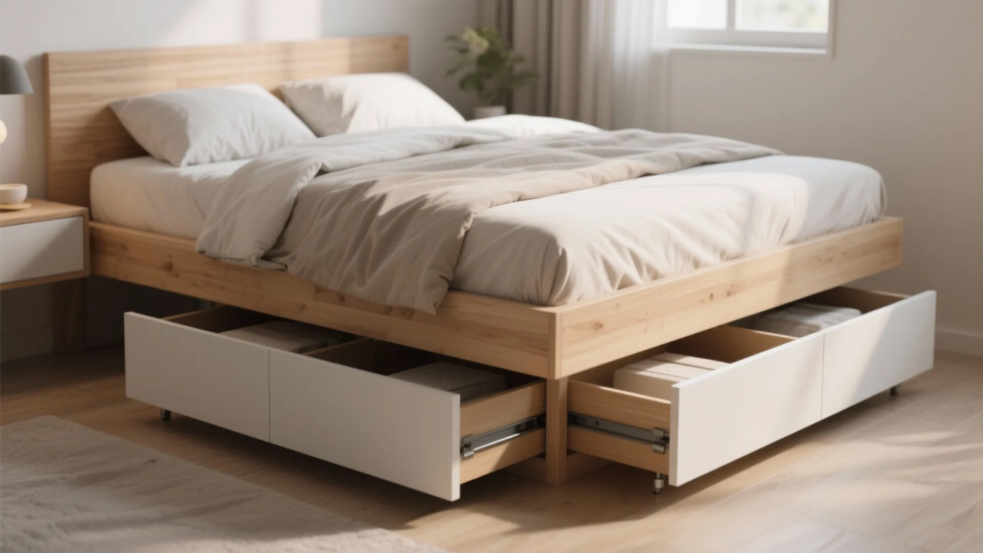 Wooden bed frame featuring two large white storage drawers pulled out on a light floor