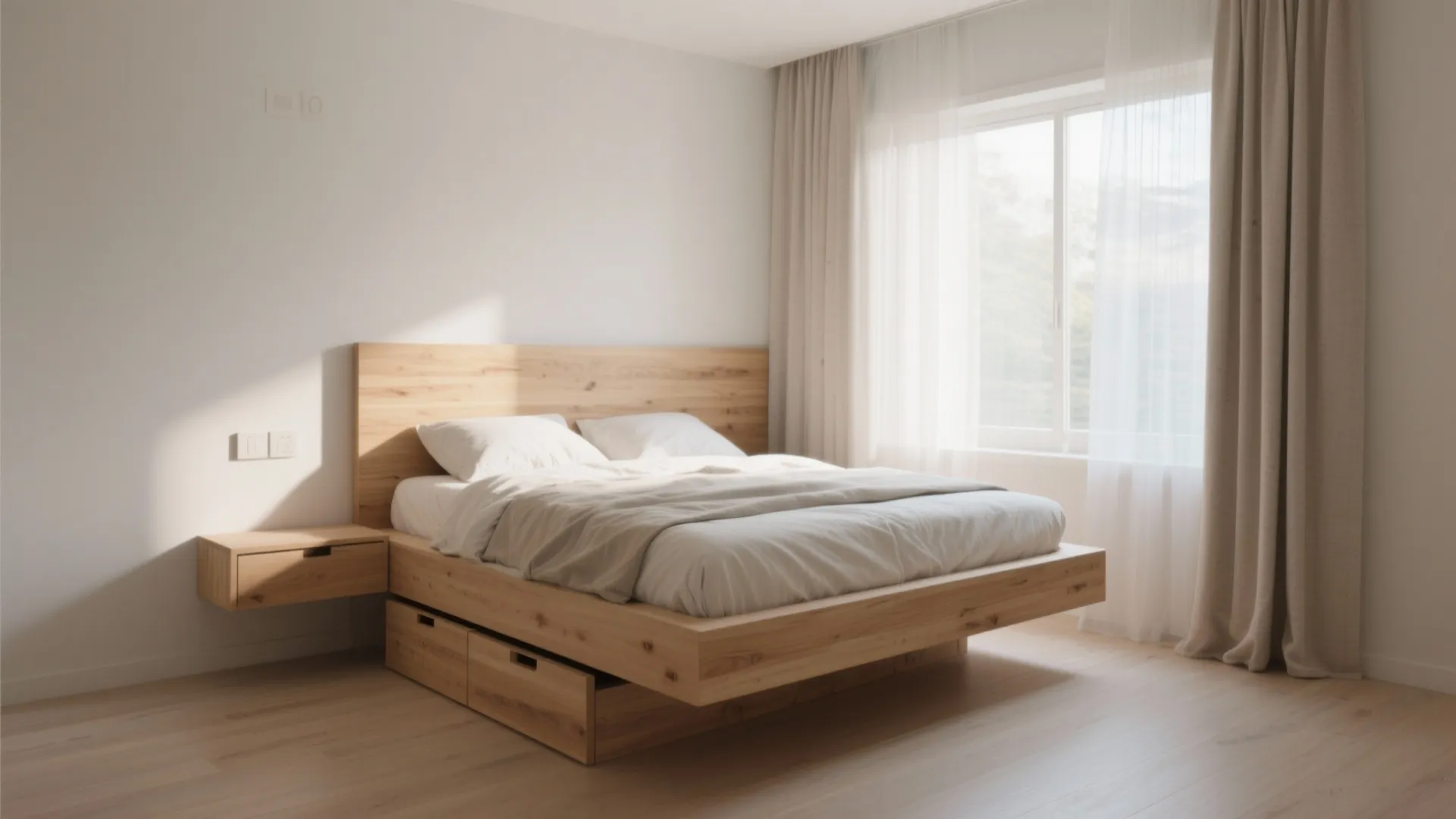 Minimalist bedroom with floating wooden bed storage drawers bedside table large window and white curtains