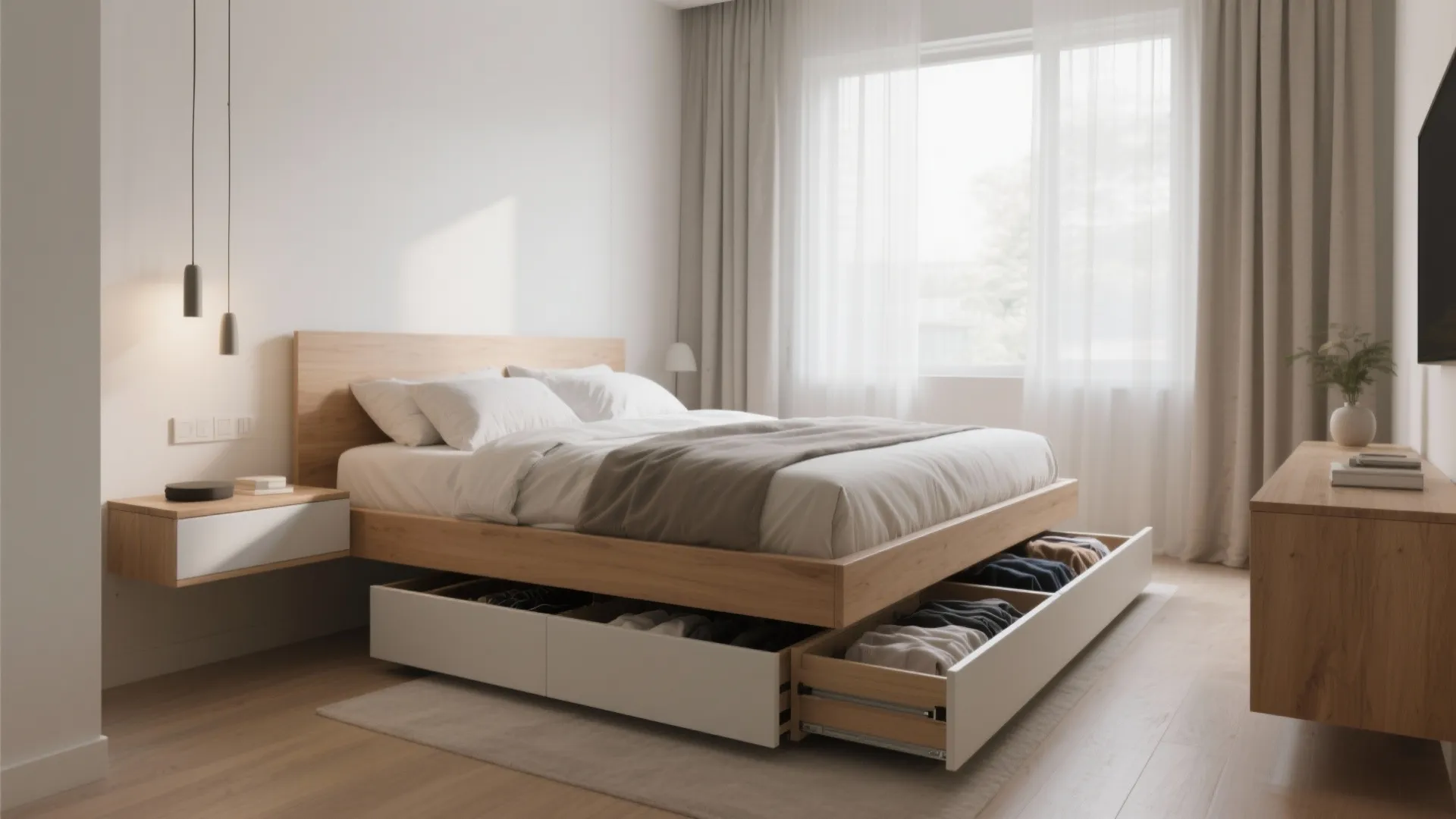 Modern wooden bed with open storage drawers showing clothes inside a bright and minimalist bedroom