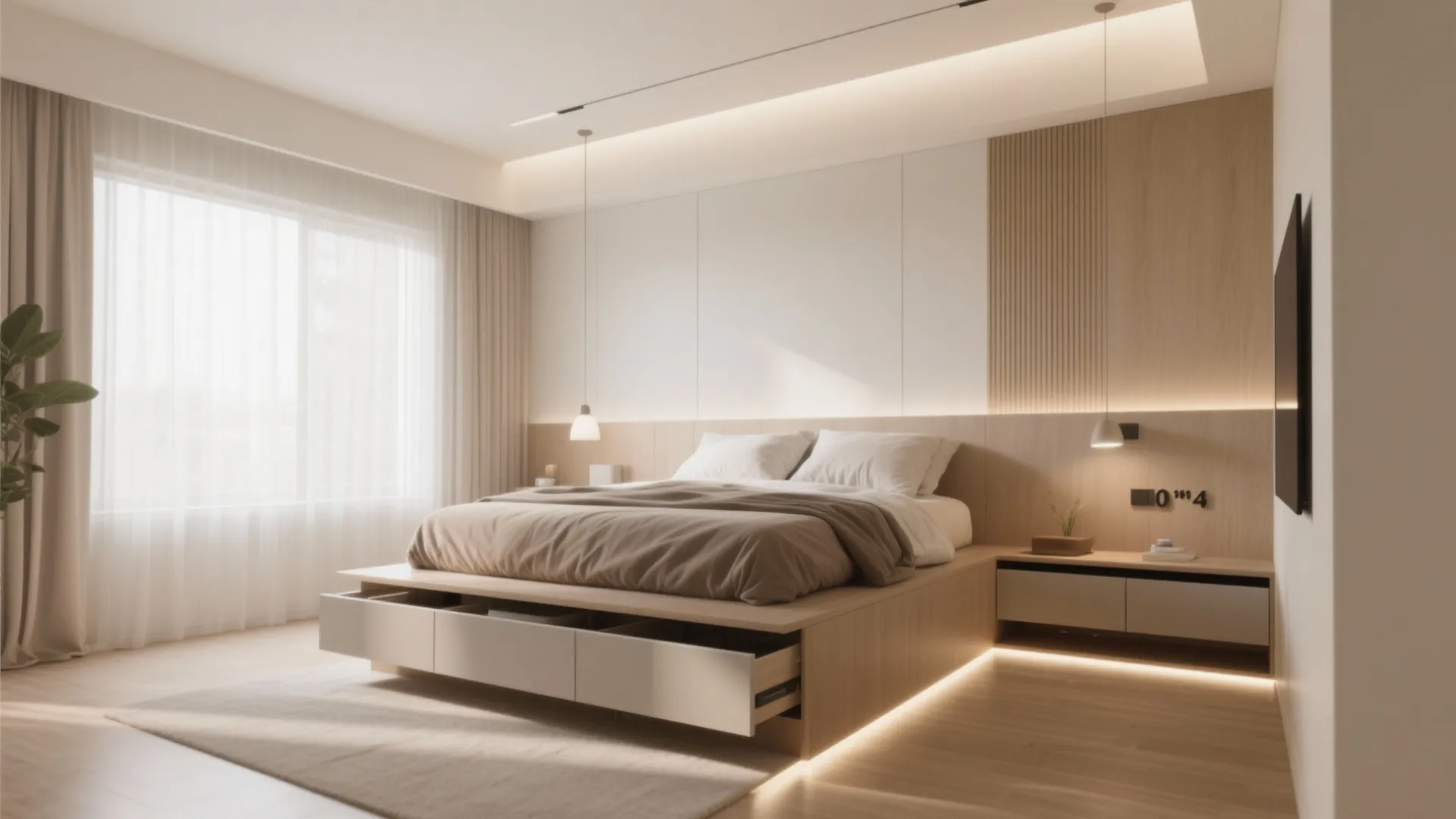 Modern wooden bed with open storage drawers underneath next to a wall with wood panel