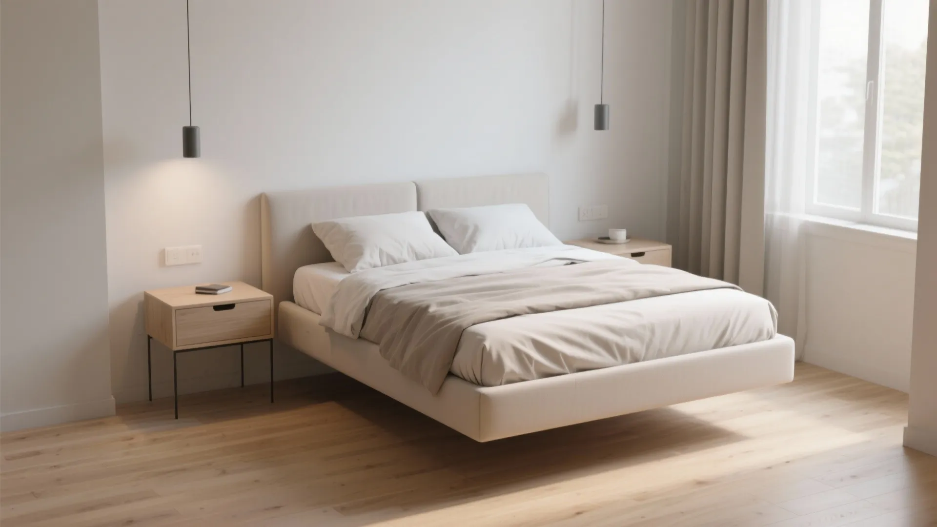Minimalist bedroom featuring a white floating bed design with wooden nightstands and simple hanging light fixtures