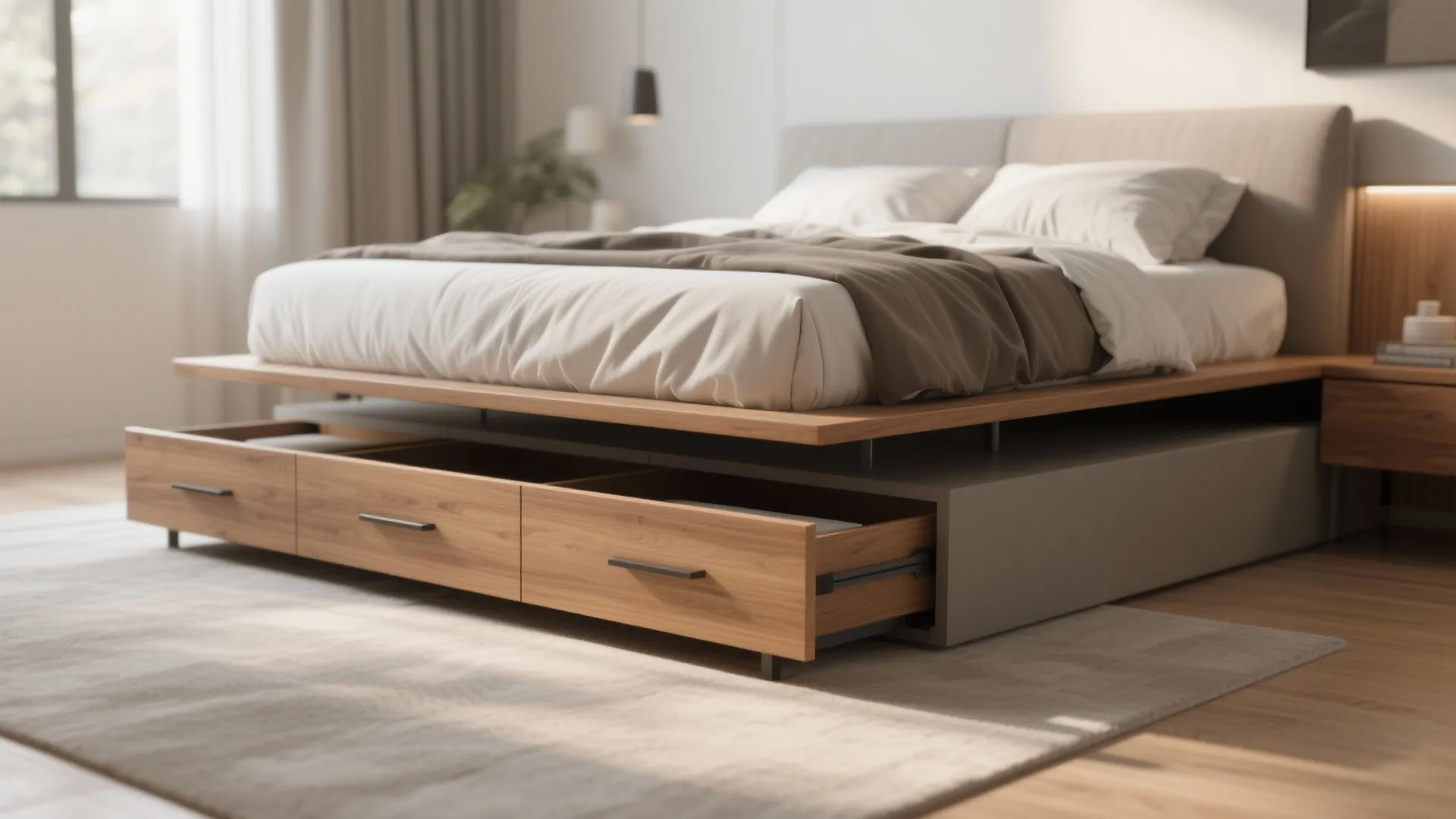 Modern wooden bed frame with open pull out storage drawers on a soft grey rug