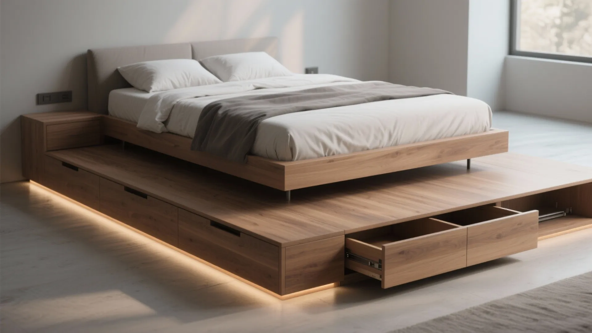 1. Floating Bed with Under-Drawer Storage