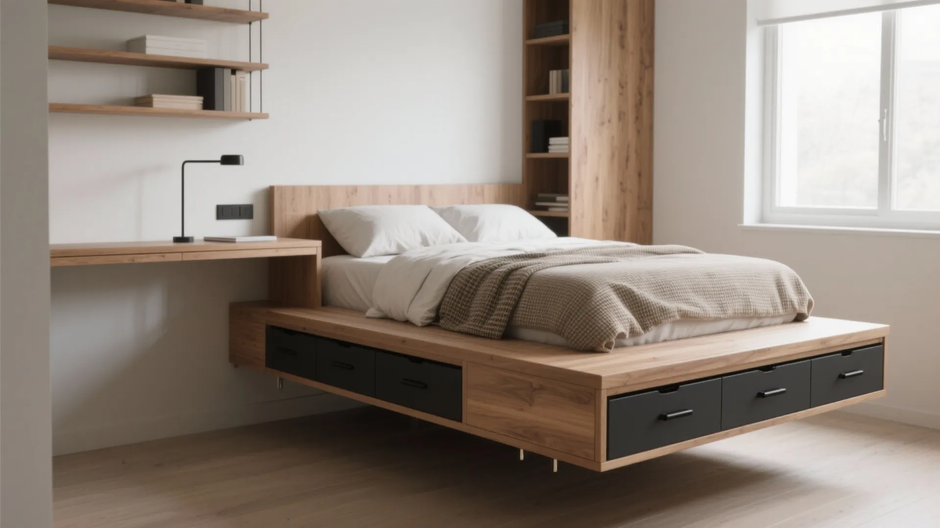 Small bedroom with a bed floated off the wall showing integrated under-bed drawers and a slim wall desk.