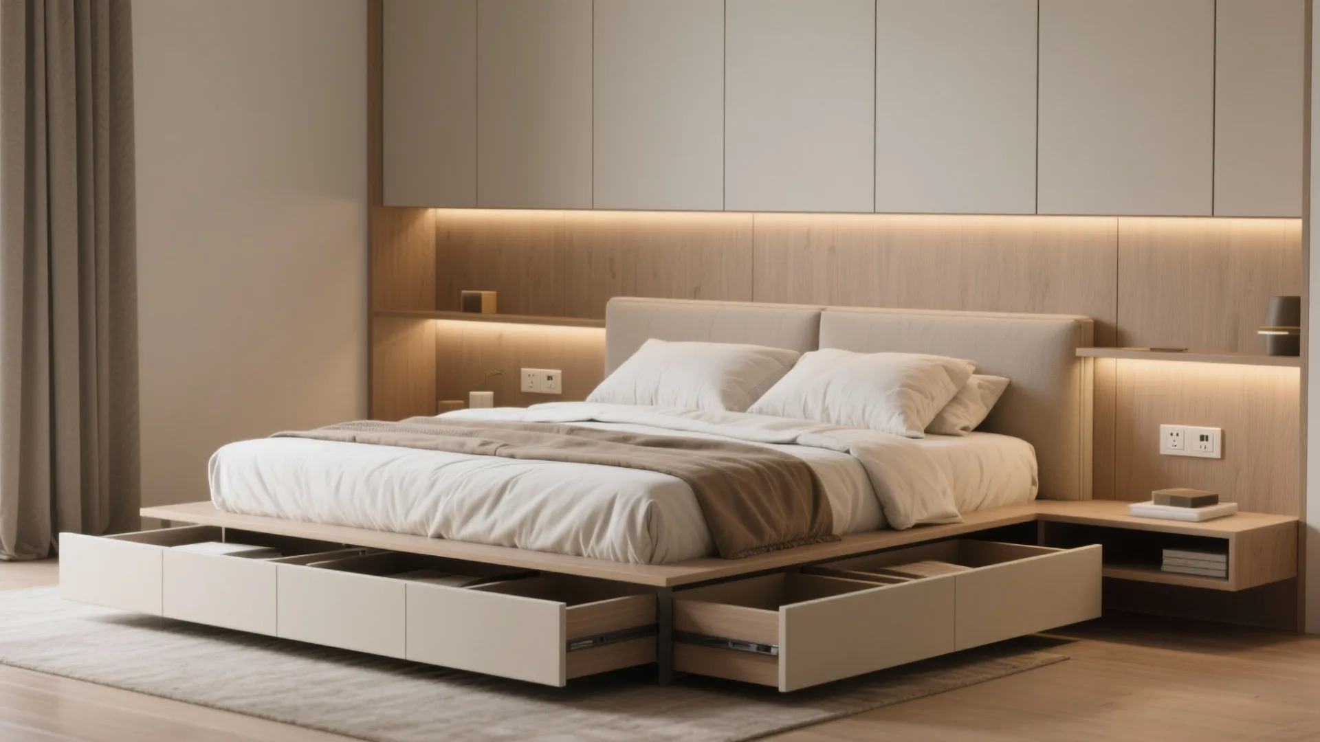 3. Floating bed with storage-focused plan