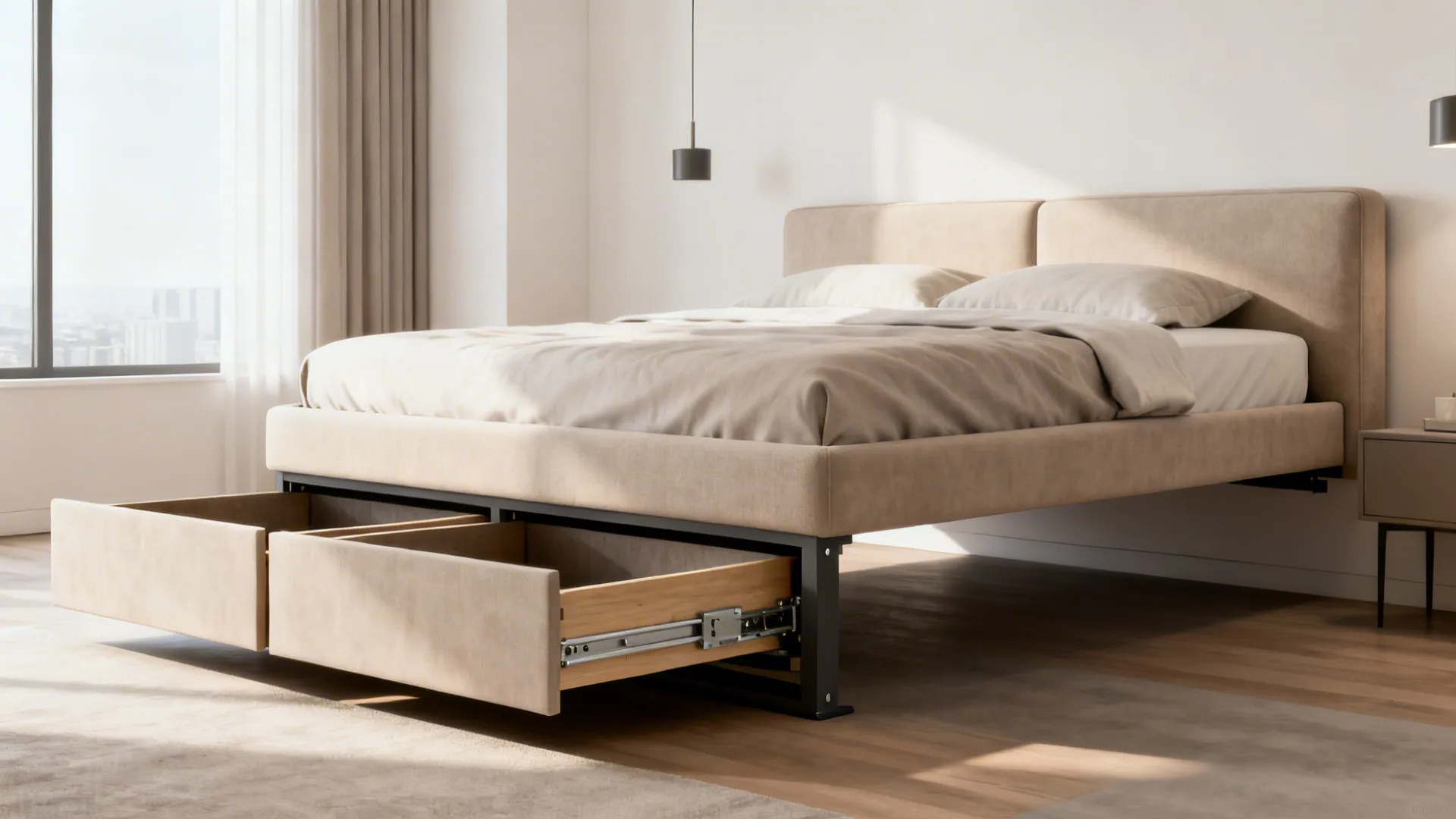 Floating corner bed with under-storage drawers open showing organized storage in a studio.