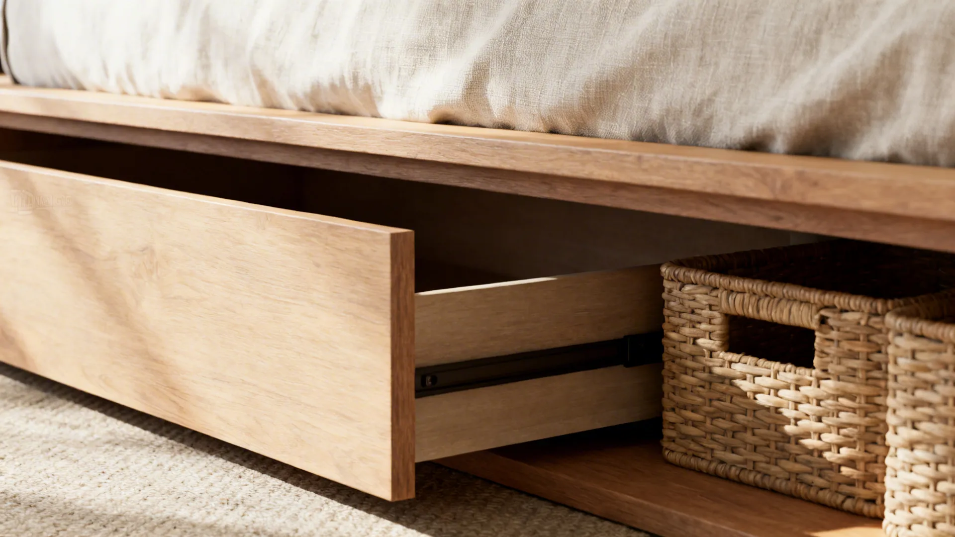 Low-profile queen platform bed with visible under-bed baskets and slim drawer storage.