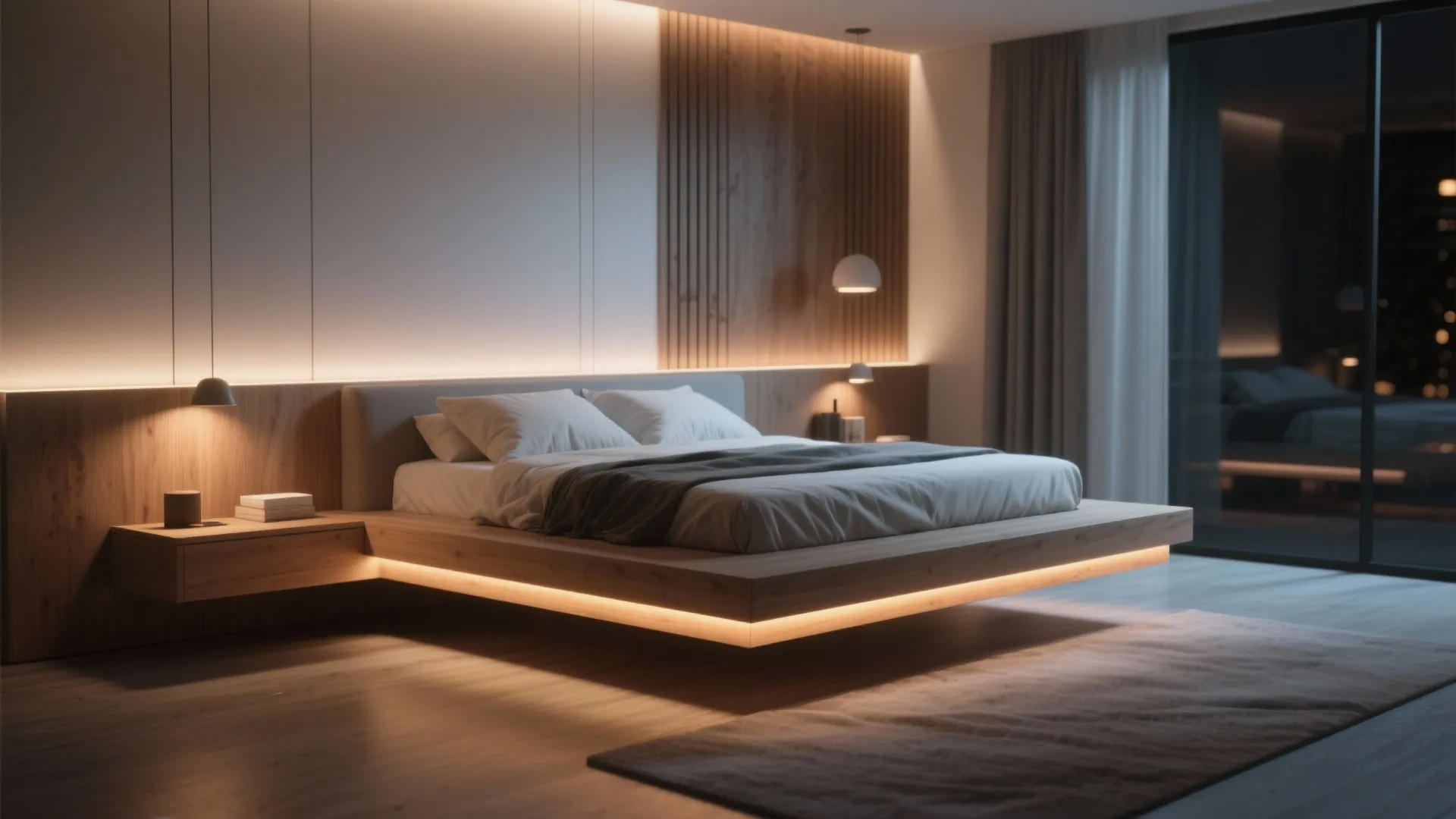 Wooden floating bed with warm under lighting in a dark room with large glass sliding doors