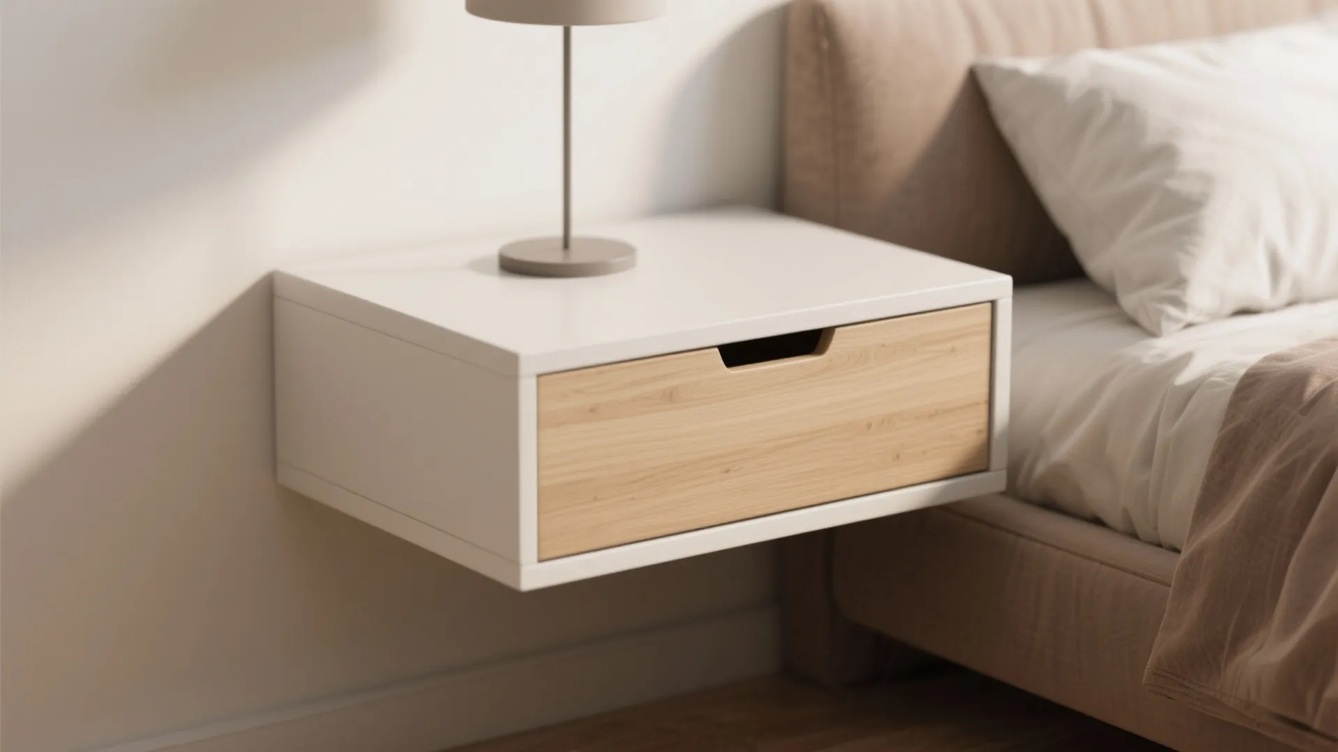 Minimalist white floating cabinet with light wood drawer mounted on wall next to comfortable bed