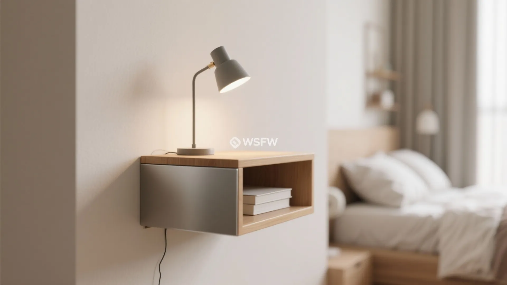 Small grey table lamp on wooden wall shelf beside a cozy bed with white pillows