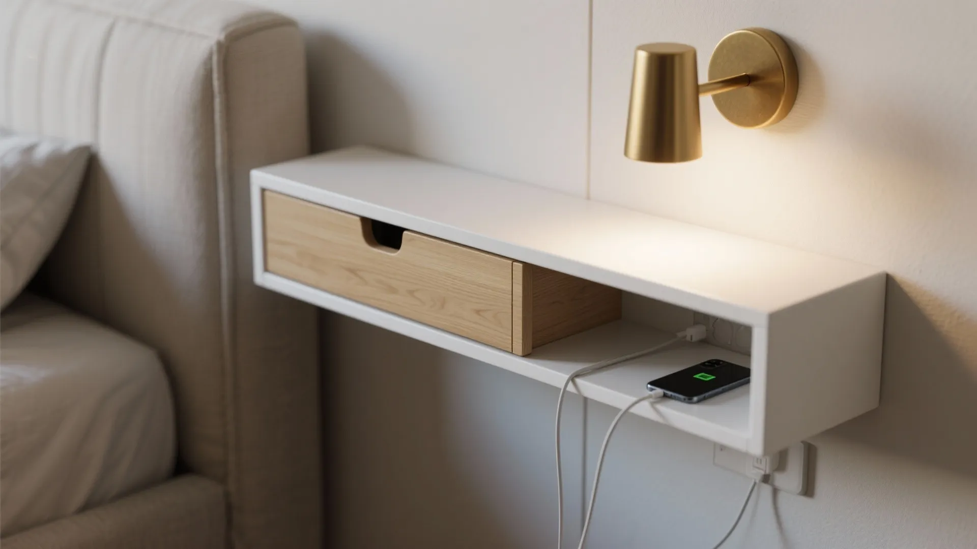 Close-up of a slim floating bedside shelf with a drawer and wall sconce, showing neat cable management.