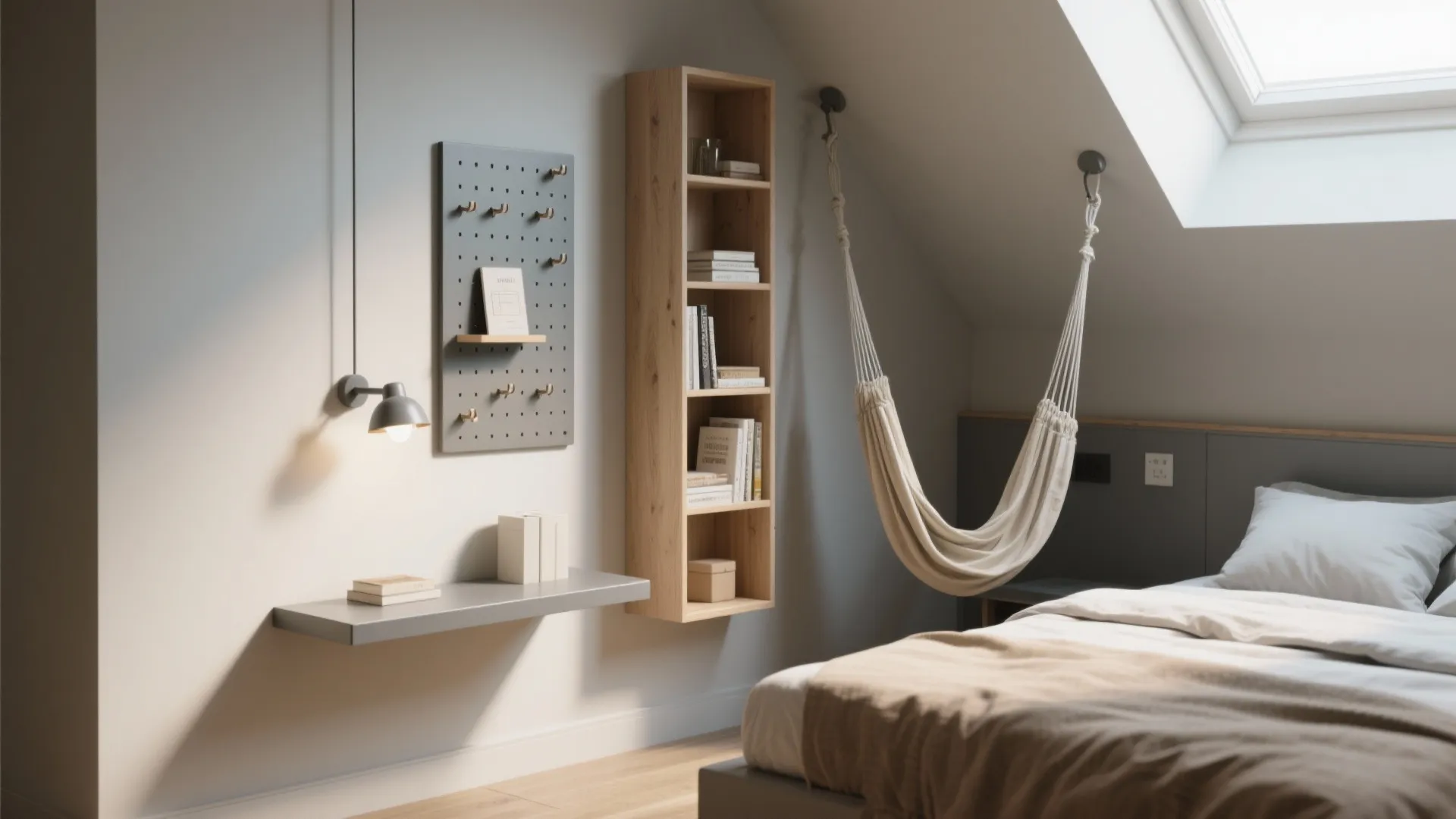 Modern attic bedroom with wooden wall shelves hanging hammock grey wall light and pegboard organizer