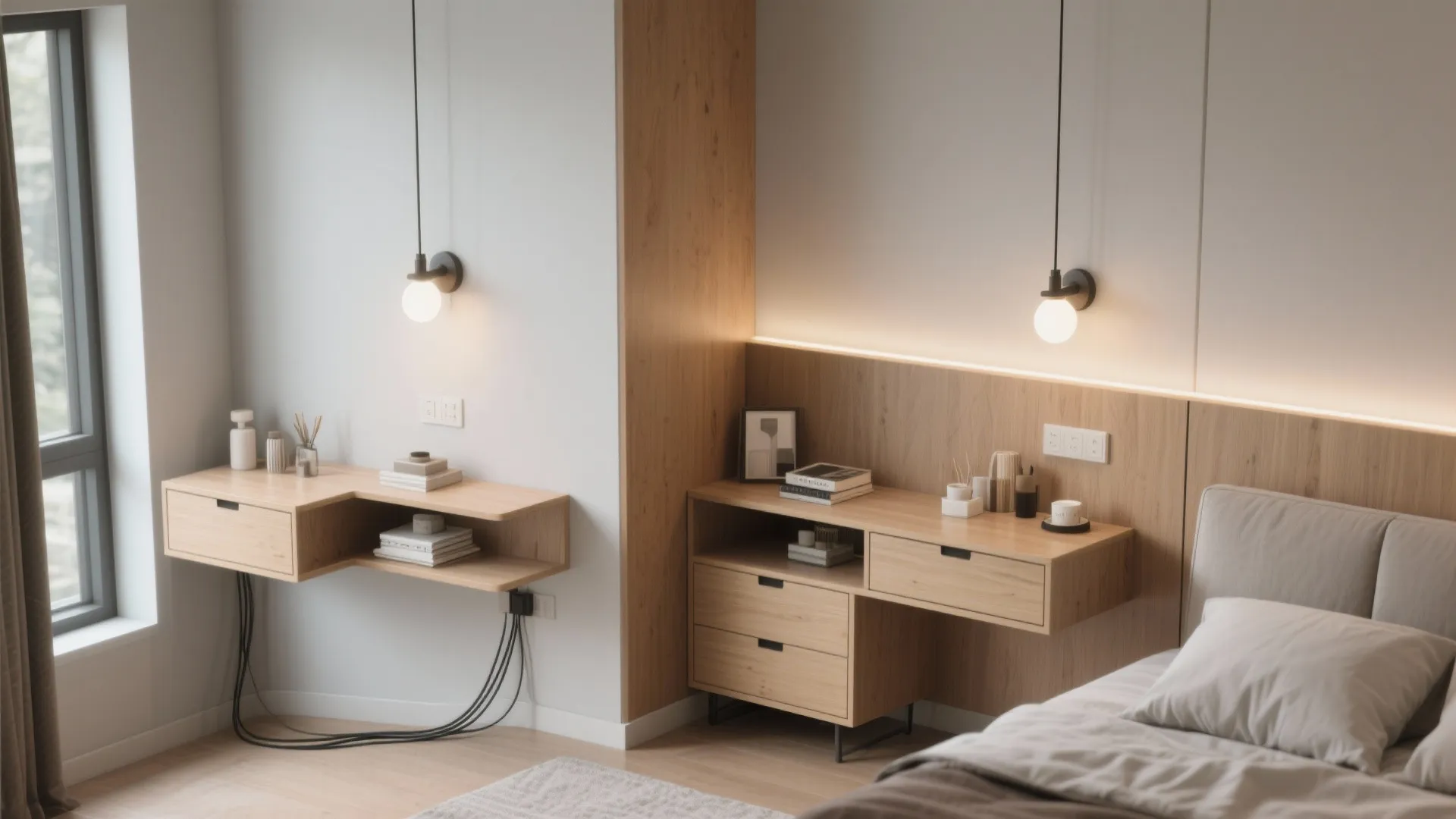 Modern bedroom featuring two wooden wall desks with drawers and round white hanging wall lights