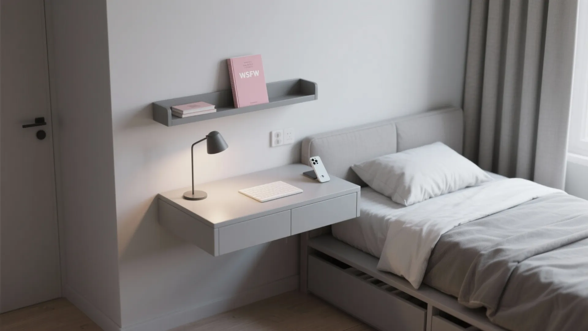 Compact grey bedroom with a wall-mounted floating bedside shelf used as a mini desk and lamp surface.