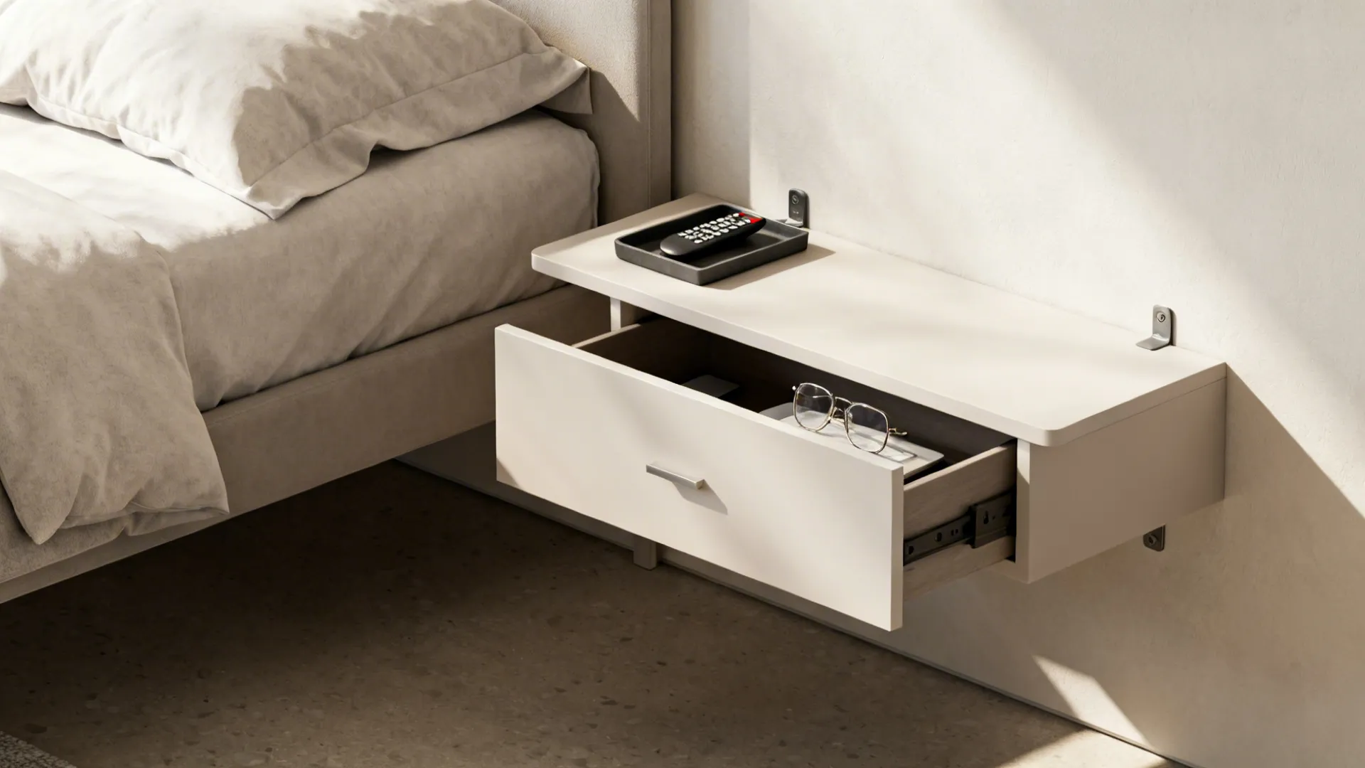 Floating bedside drawer and cantilevered shelf creating a lighter visual feel and freed floor space.